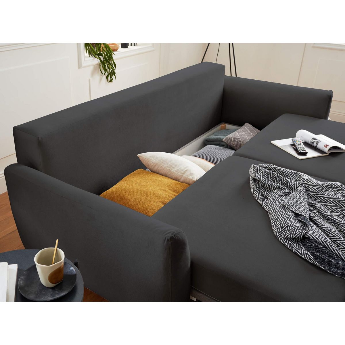 LISA DESIGN Nils - canapé droit 3 places convertible - avec coffre de rangement - velours