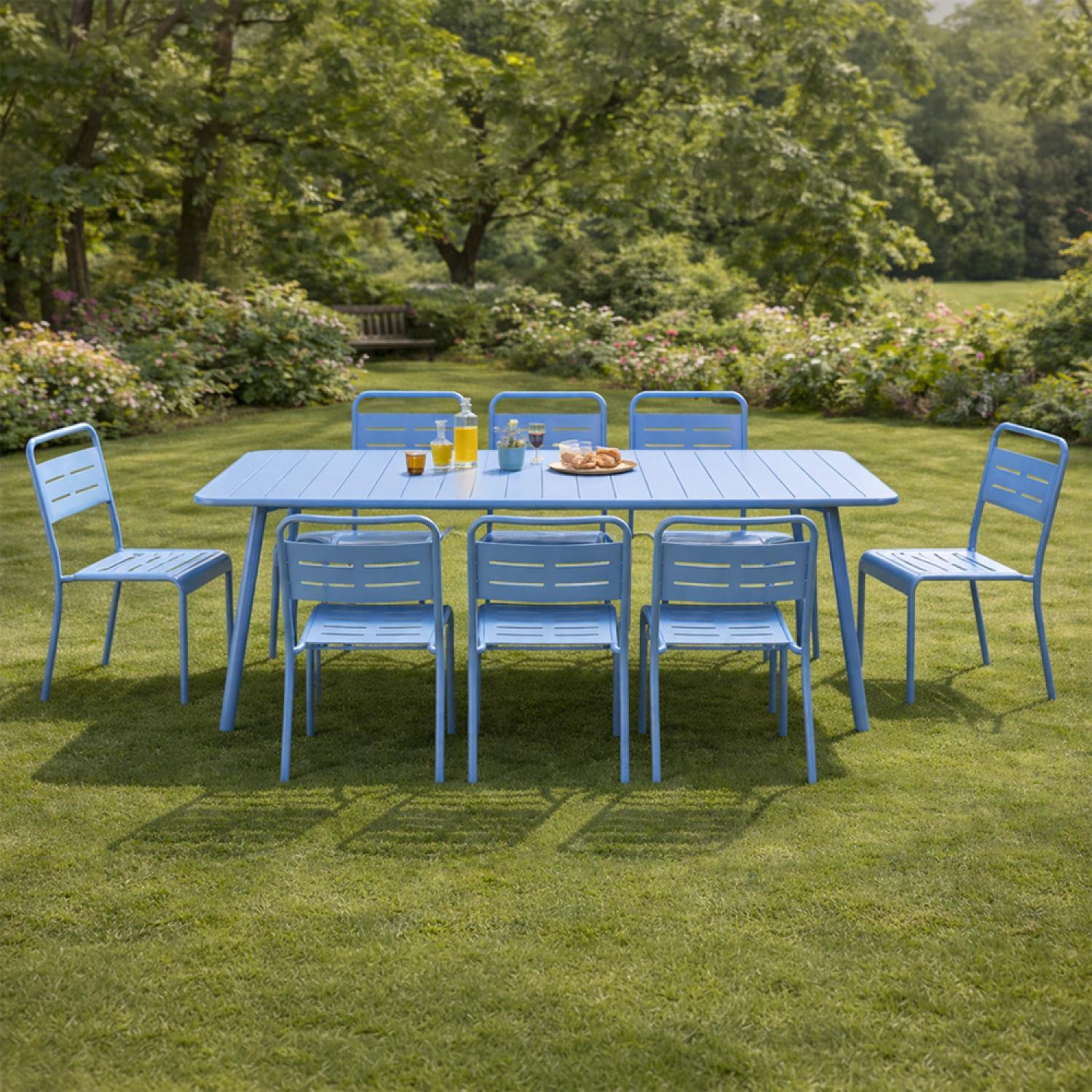 Voir la diapositive 6 : CONCEPT USINE Ensemble table de jardin 200 cm et 8 chaises bleu bergame