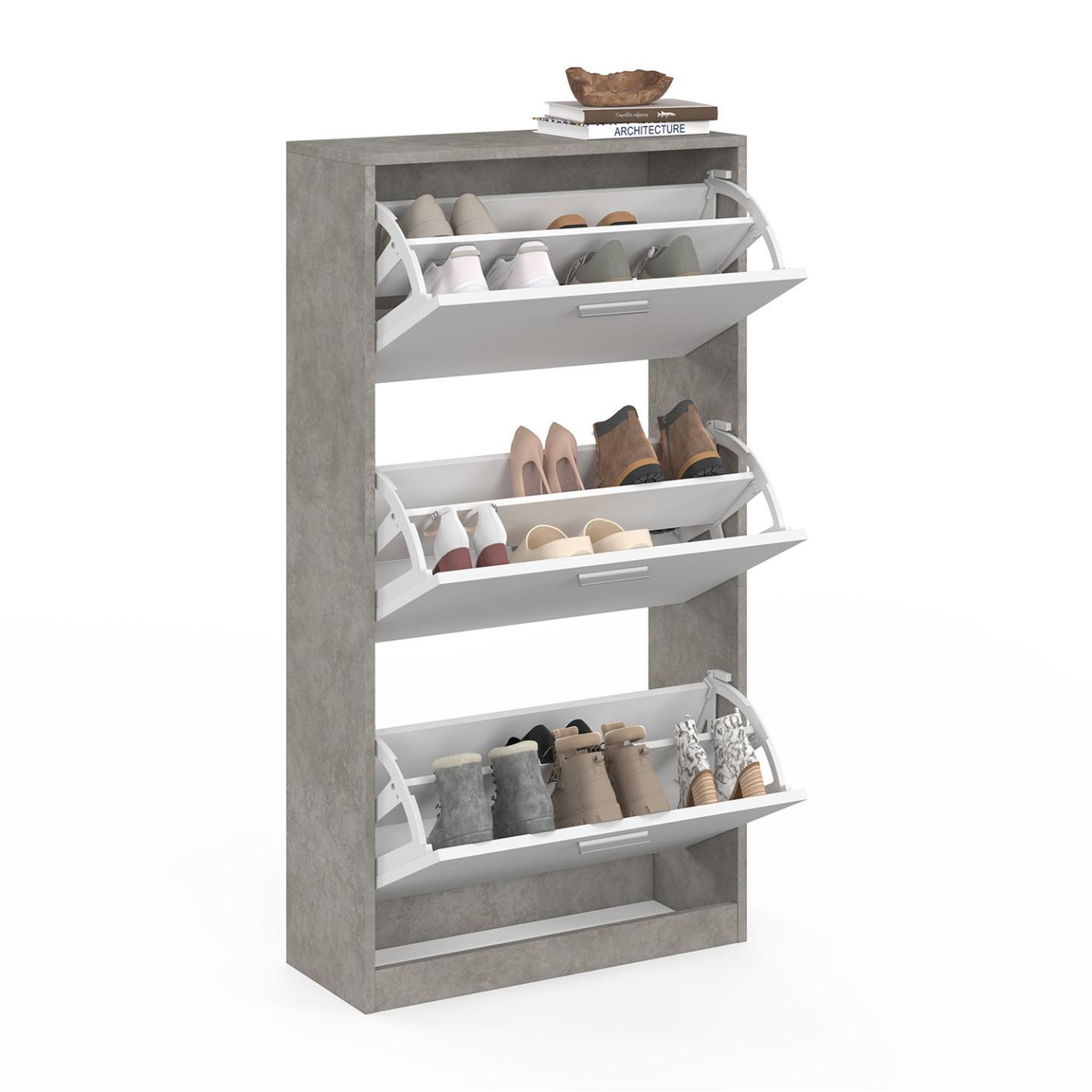 Voir la diapositive 4 : ID MARKET Meuble à chaussures 18 paires klark effet béton 3 portes blanches
