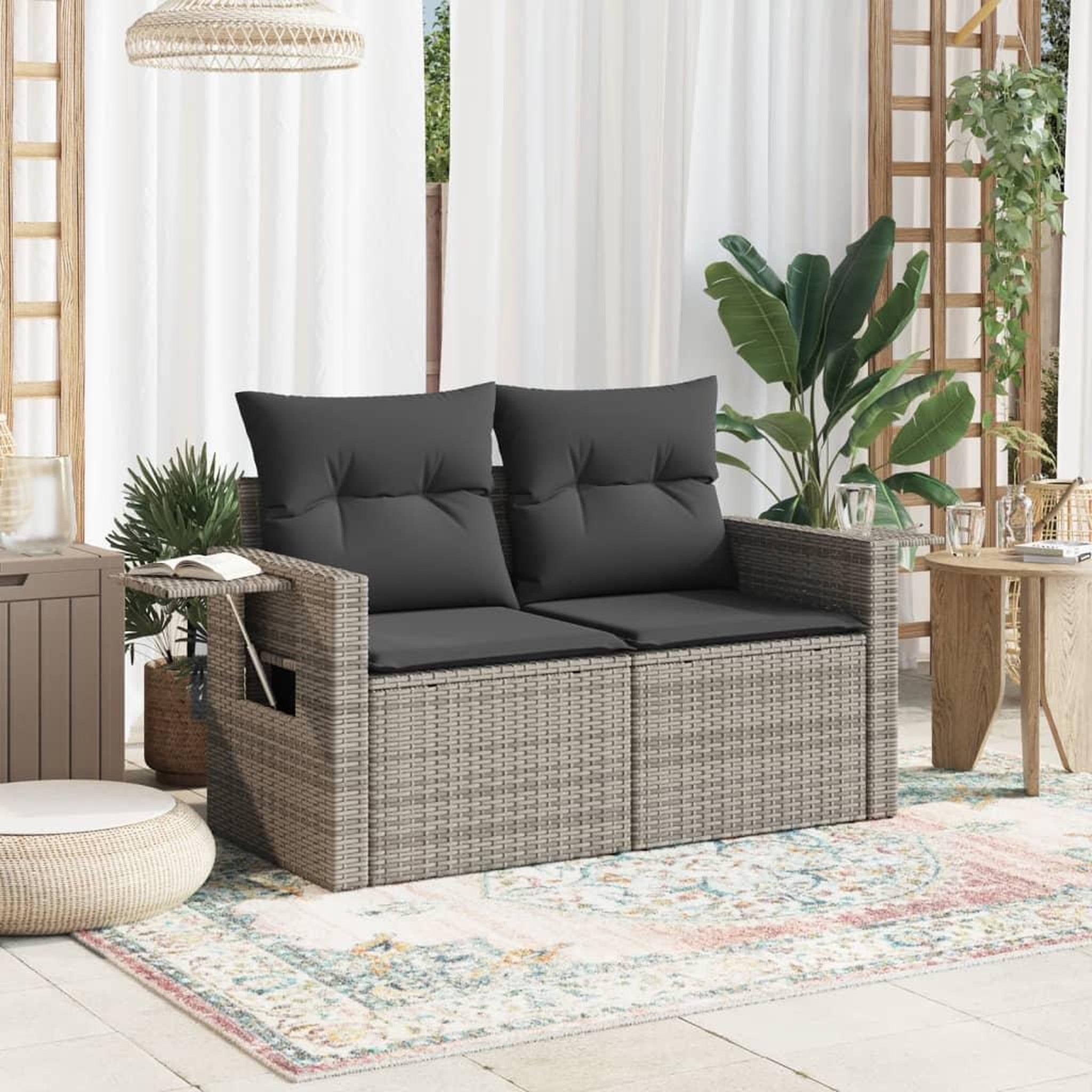 Voir la diapositive 3 : VIDAXL Canape de jardin 2 places avec coussins gris resine tressee