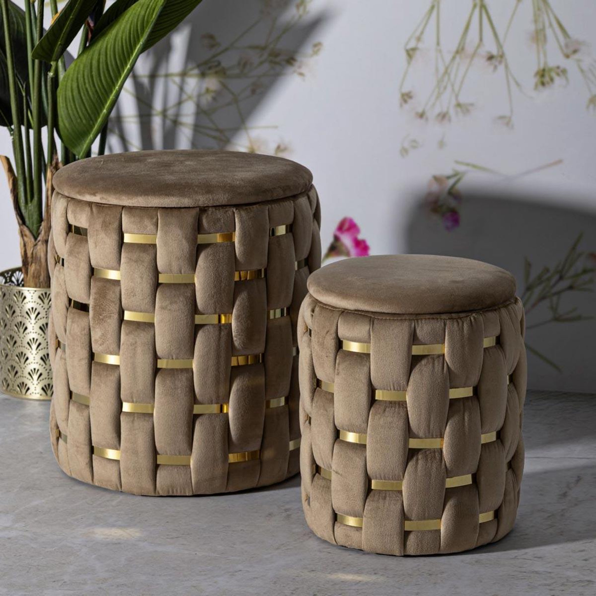 Voir la diapositive 5 : Paris Prix Lot de 2 poufs coffres  shanty  42cm marron & or