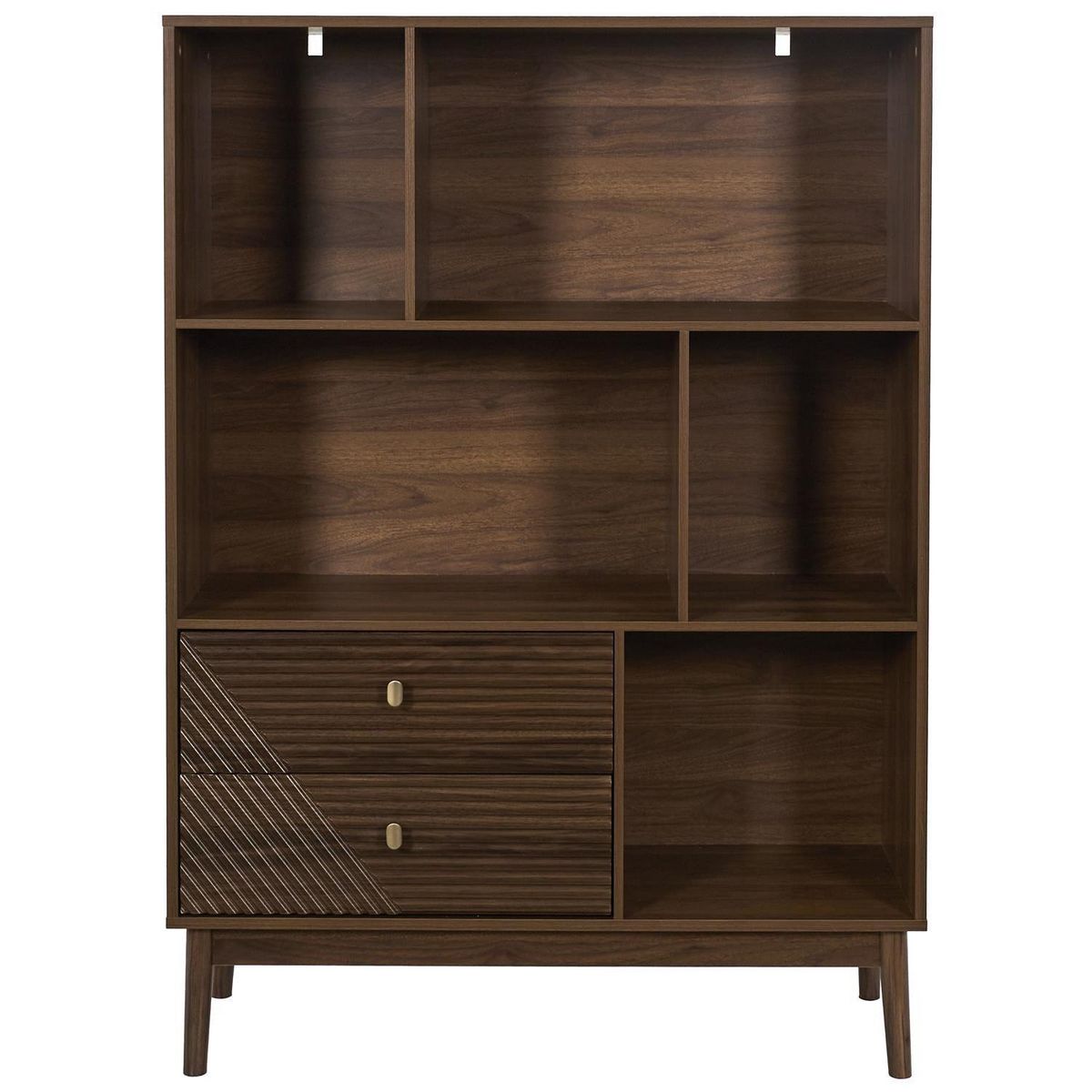 The Home Deco Factory Bibliothèque 2 tiroirs et 5 niches effet noyer TIFFANY - Marron