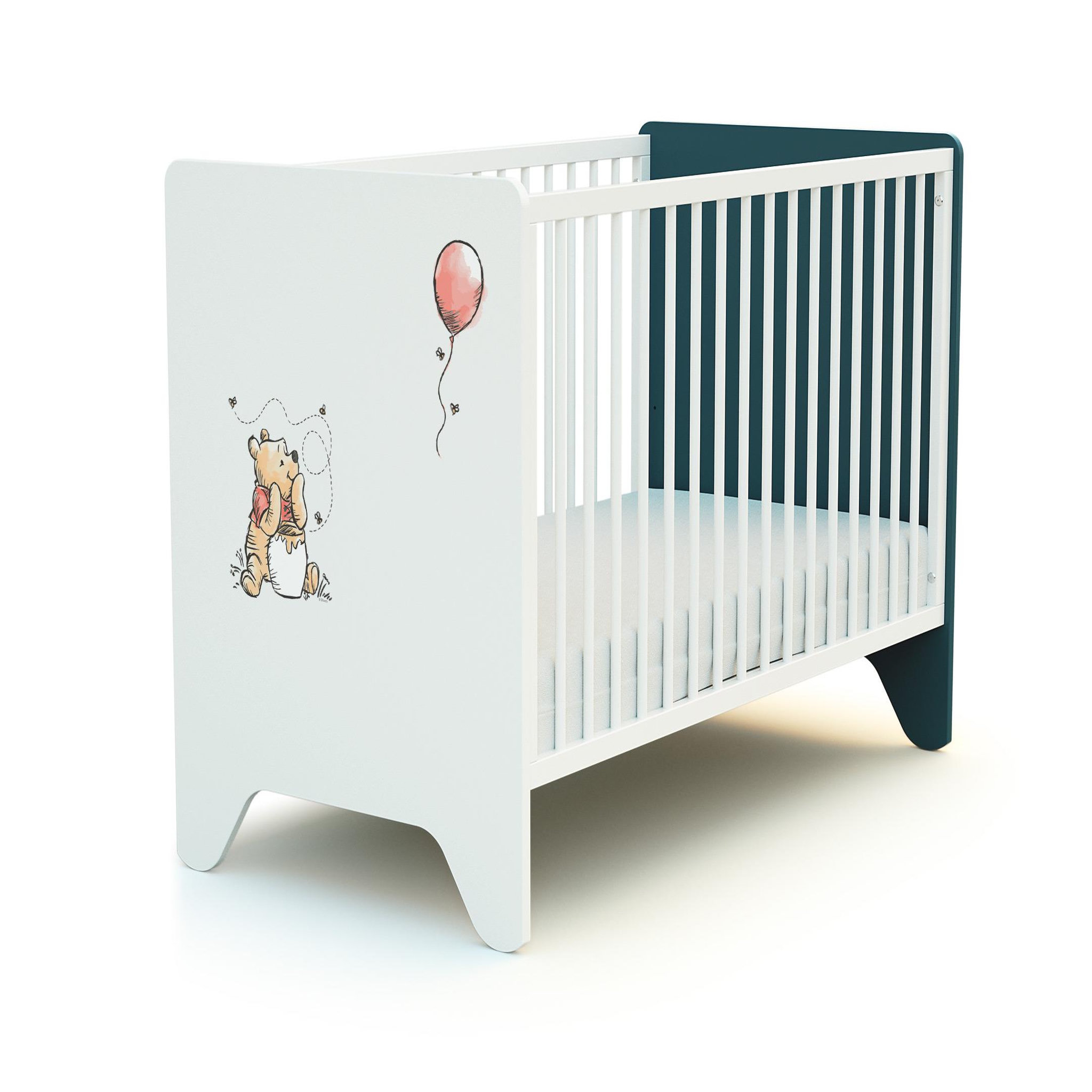 Voir la diapositive 2 : AT4 Ensemble lit bébé 60x120 cm et commode à langer 3 tiroirs WINNIE BALLON DISNEY Bleu canard