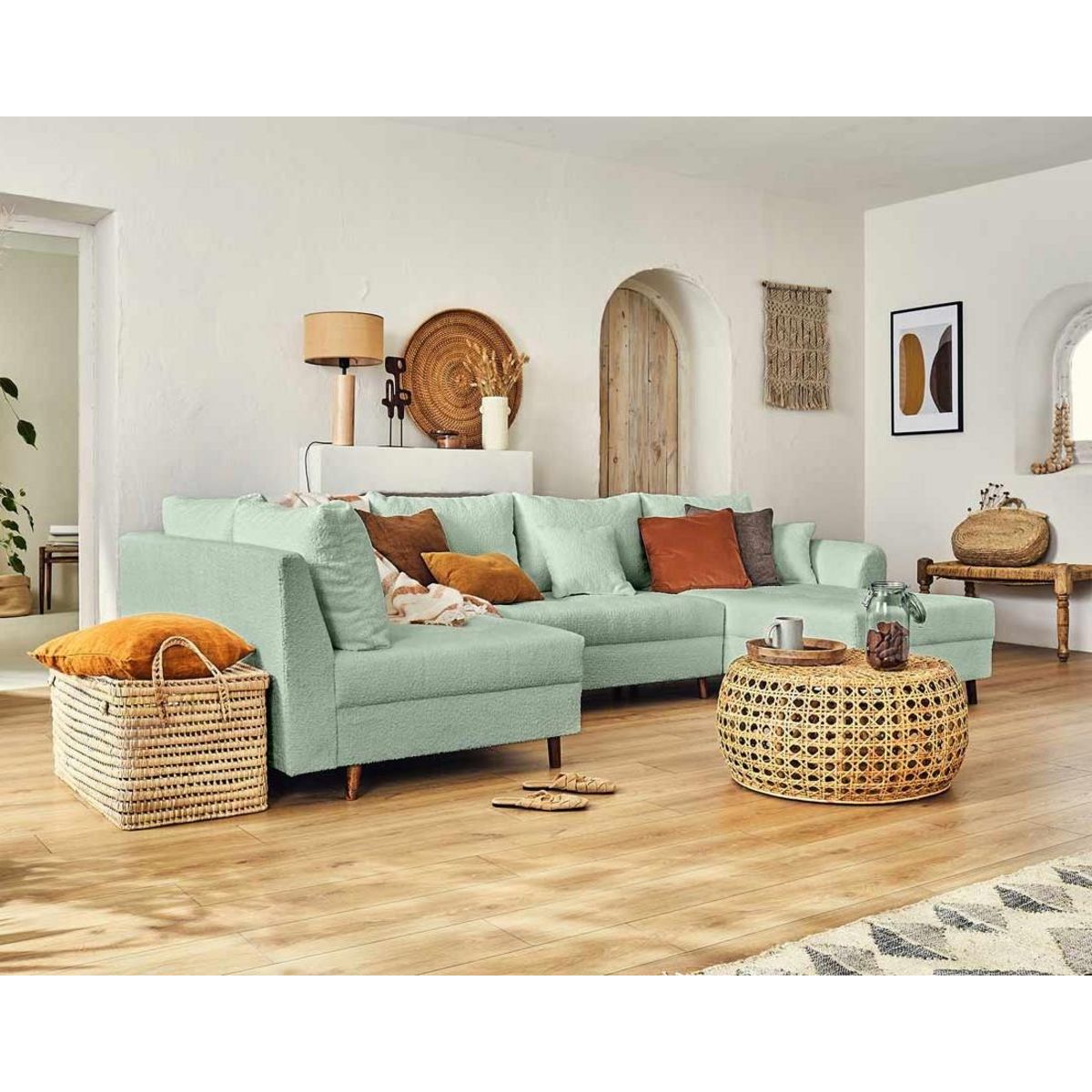 LISA DESIGN Rune - canapé panoramique d'angle gauche - 7 places - avec pouf d'appoint - en tissu bouclette