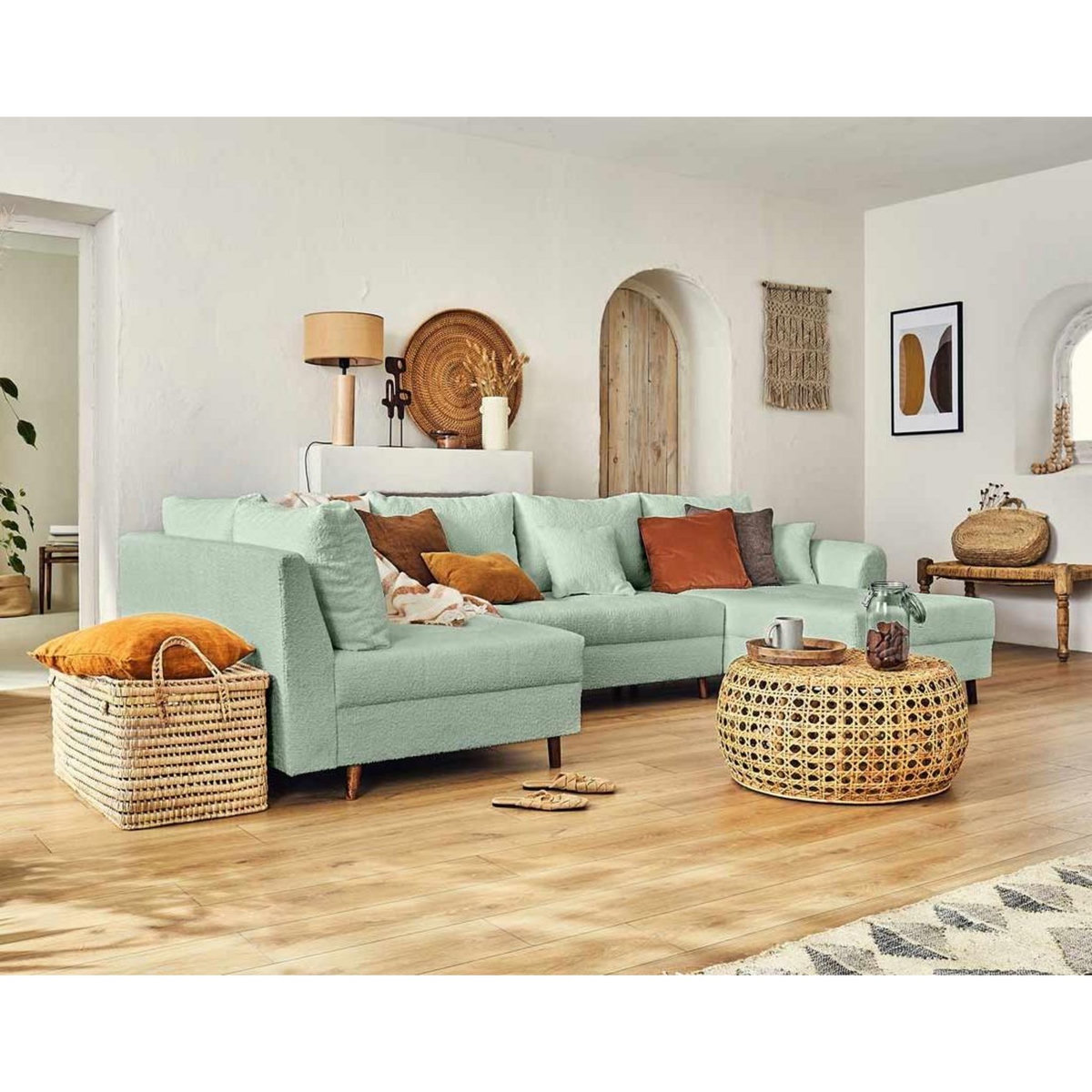 LISA DESIGN Rune - canapé panoramique d'angle gauche - 7 places - avec pouf d'appoint - en tissu bouclette