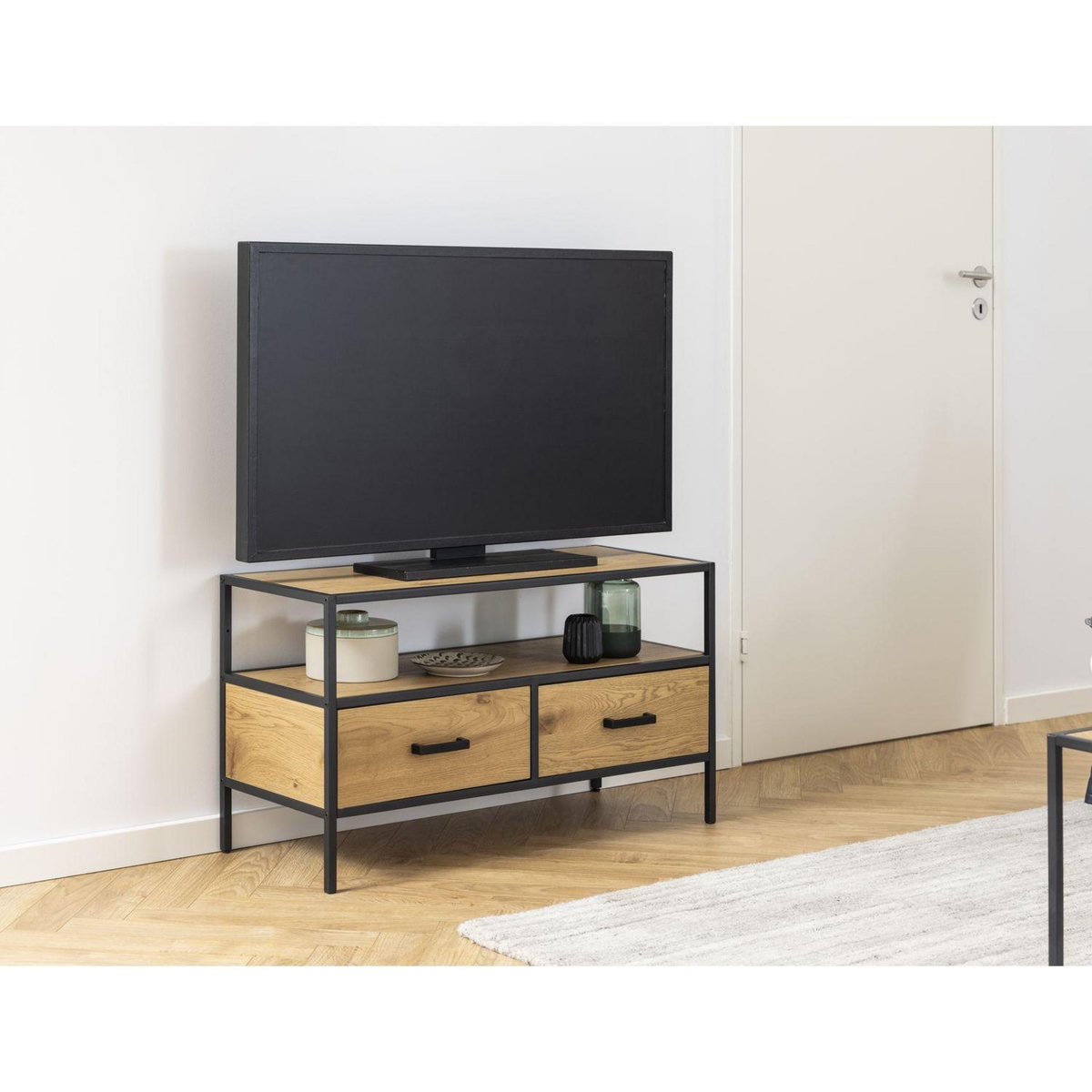 TOILINUX Meuble TV Sireine en MDF avec un plateau et 2 tiroirs - Noir et Marron