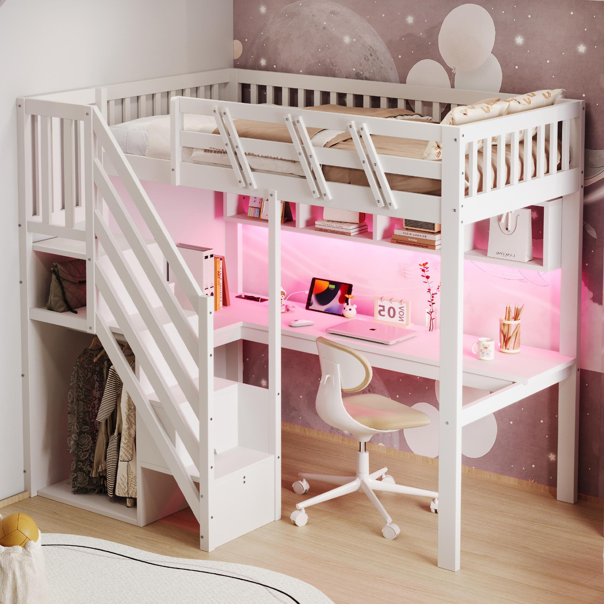 Voir la diapositive 5 : MERAX Lit mezzanine 90x200 cm coloris blanc led bois massif