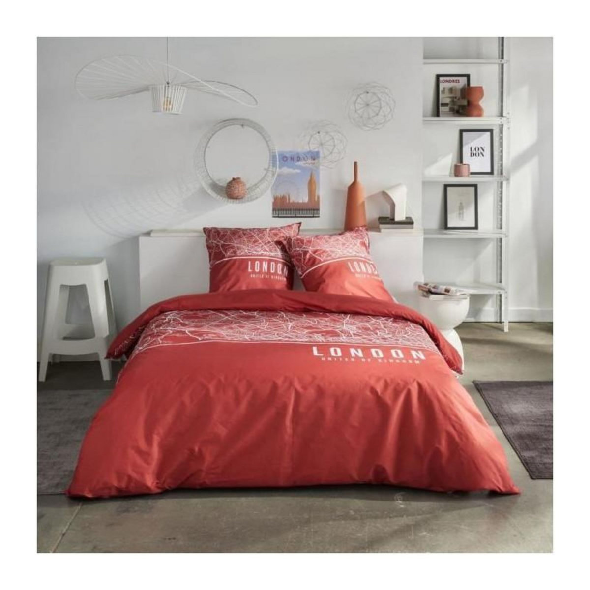 Today Parure de lit - TODAY - JAVA - 2 personnes - 240x220 cm - Coton - Imprimé London - Rouge