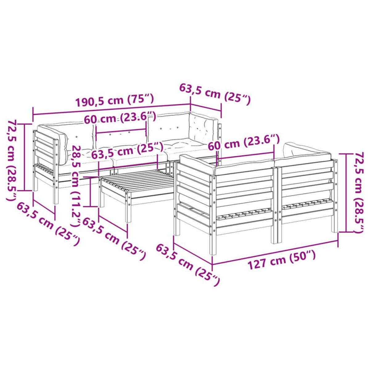 VIDAXL Salon de jardin 6 pcs avec coussins cire marron bois pin massif