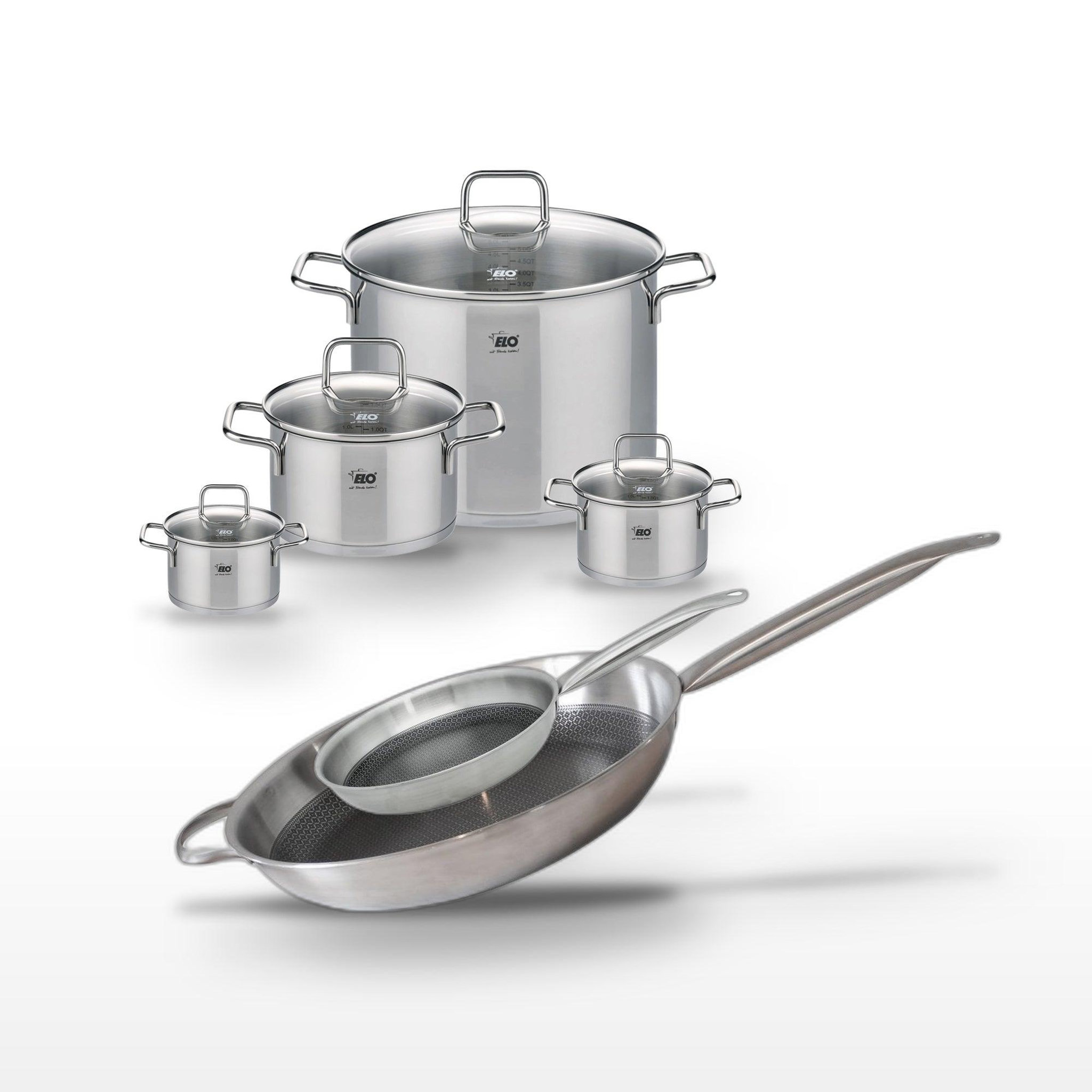 ELO Batterie de cuisine ensemble de casseroles avec poêles 24/32 cm et faitouts 12/14/20/26 cm elo collection relief solution citrin