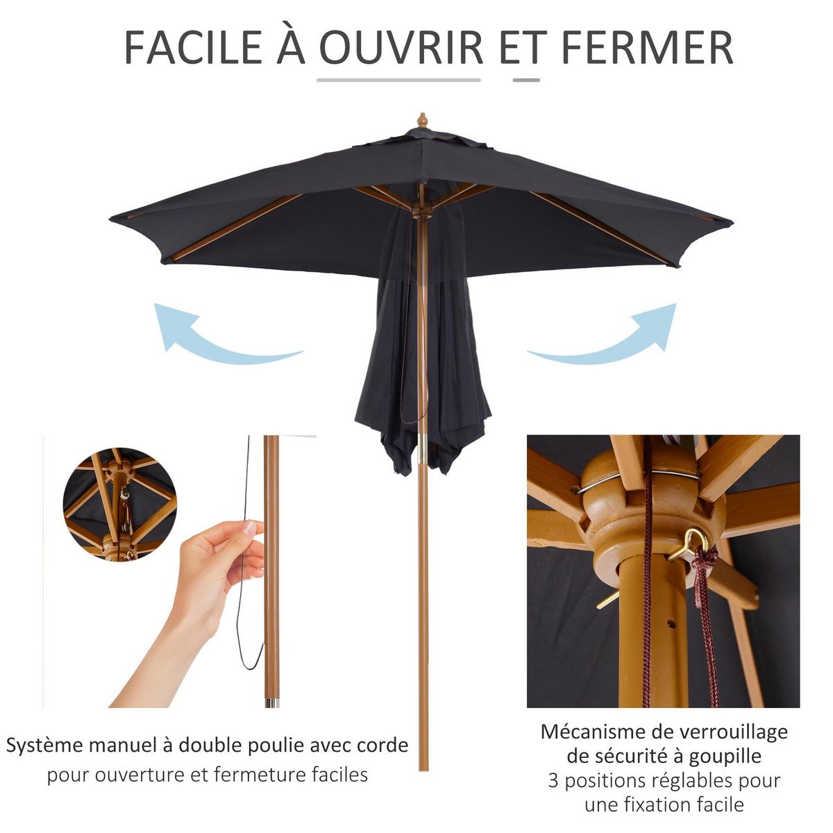 OUTSUNNY Parasol droit hexagonal grande taille de jardin Ø 2,5 x 2,3H m bois de bambou noir