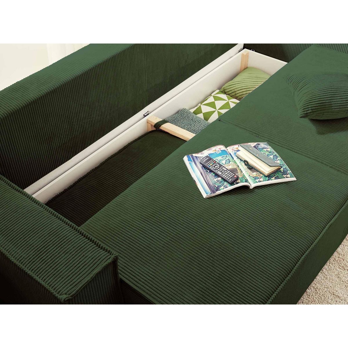 BEST MOBILIER Dellia - canapé 3 places convertible - avec coffre - en velours côtelé - style contemporain