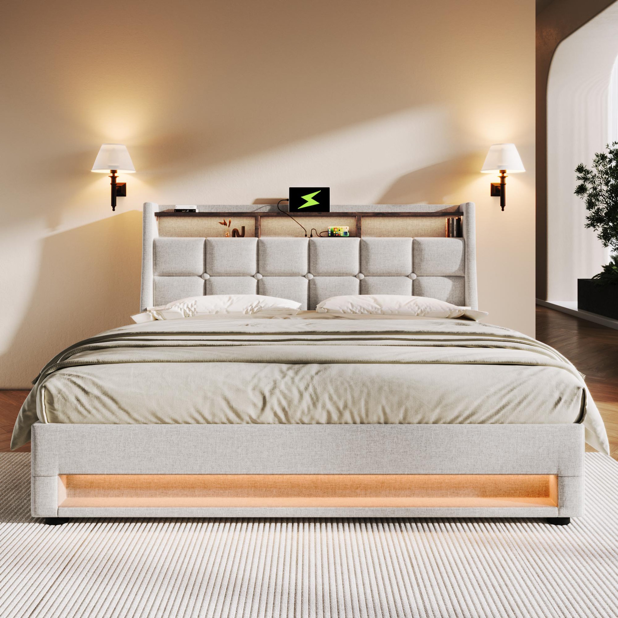 Voir la diapositive 3 : MERAX Lit coffre avec USB et LED Lin gris