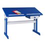IDIMEX Bureau enfant écolier junior FLEXI table à dessin réglable en hauteur et pupitre inclinable avec 1 tiroir en pin lasuré blanc bleu