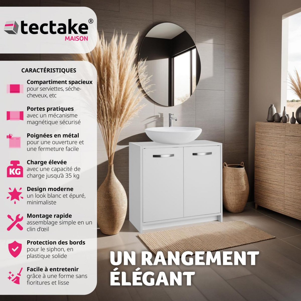 tectake Meuble sous-lavabo grand espace de rangement blanc