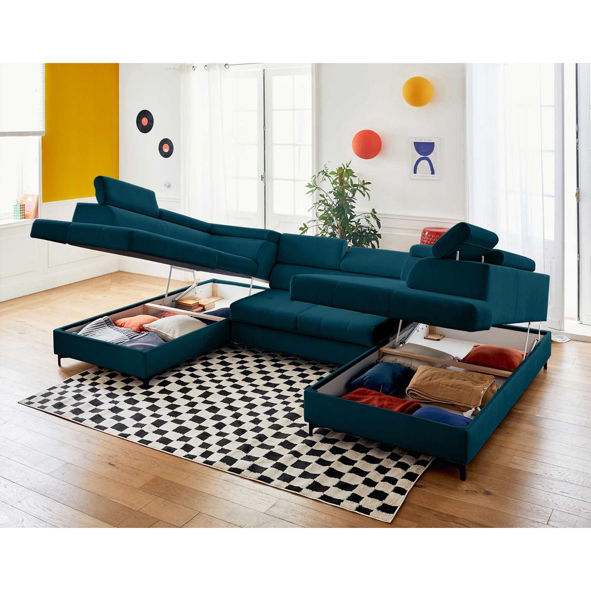 LISA DESIGN Merida - canapé panoramique en u - 7 places - convertible avec coffres et têtières réglables - en velours