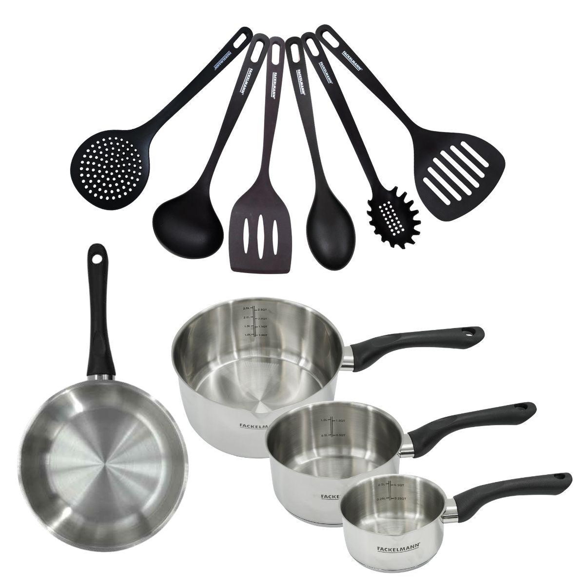 Fackelmann Set 1 poêle 24 cm 3 casseroles 12 16 et 20 cm en inox et 6 ustensiles fackelmann geneva