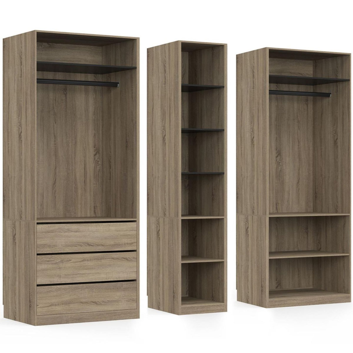 ID MARKET Dressing modulable TAYLOR 200 x 55 x 200 cm 3 modules avec penderies + étagères + tiroirs hêtre et noir