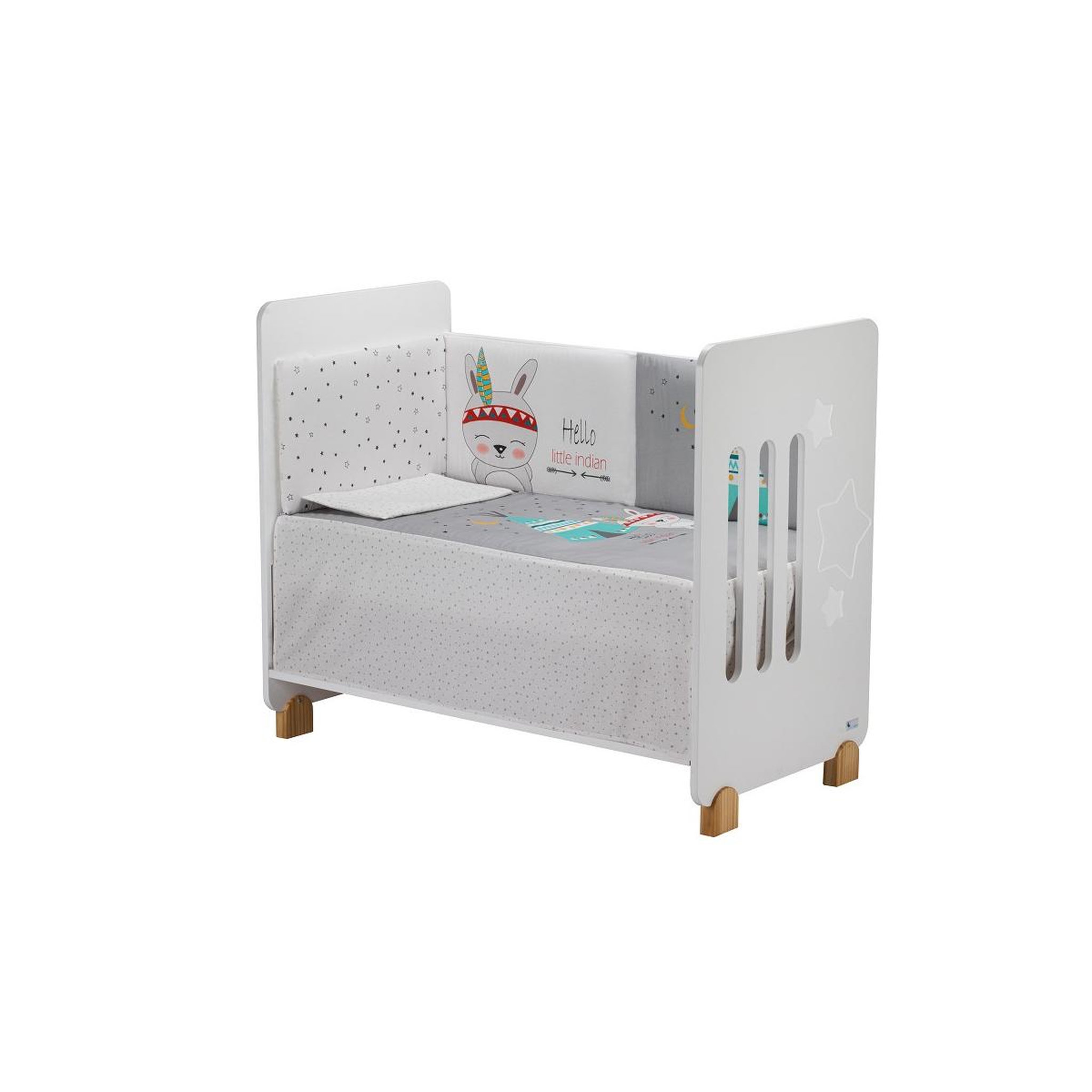 Voir la diapositive 1 : INTERBABY Lit Bébé Star Nature  and  Parure de lit 3 Pcs. Tipi/Oso Gris