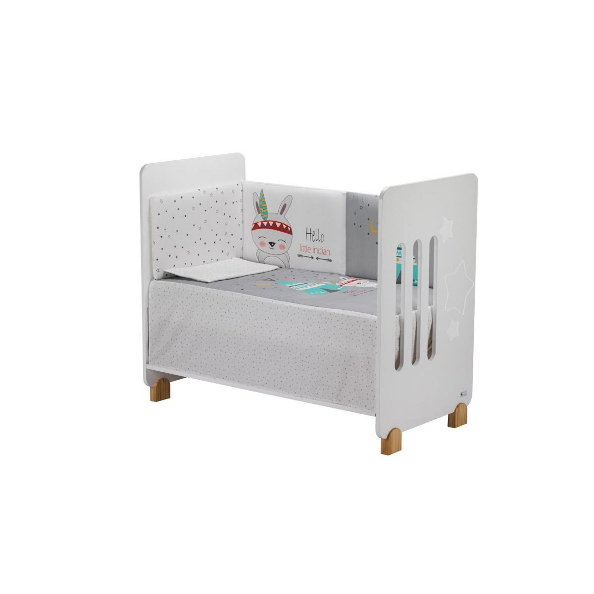 INTERBABY Lit Bébé Star Nature  and  Parure de lit 3 Pcs. Tipi/Oso Gris