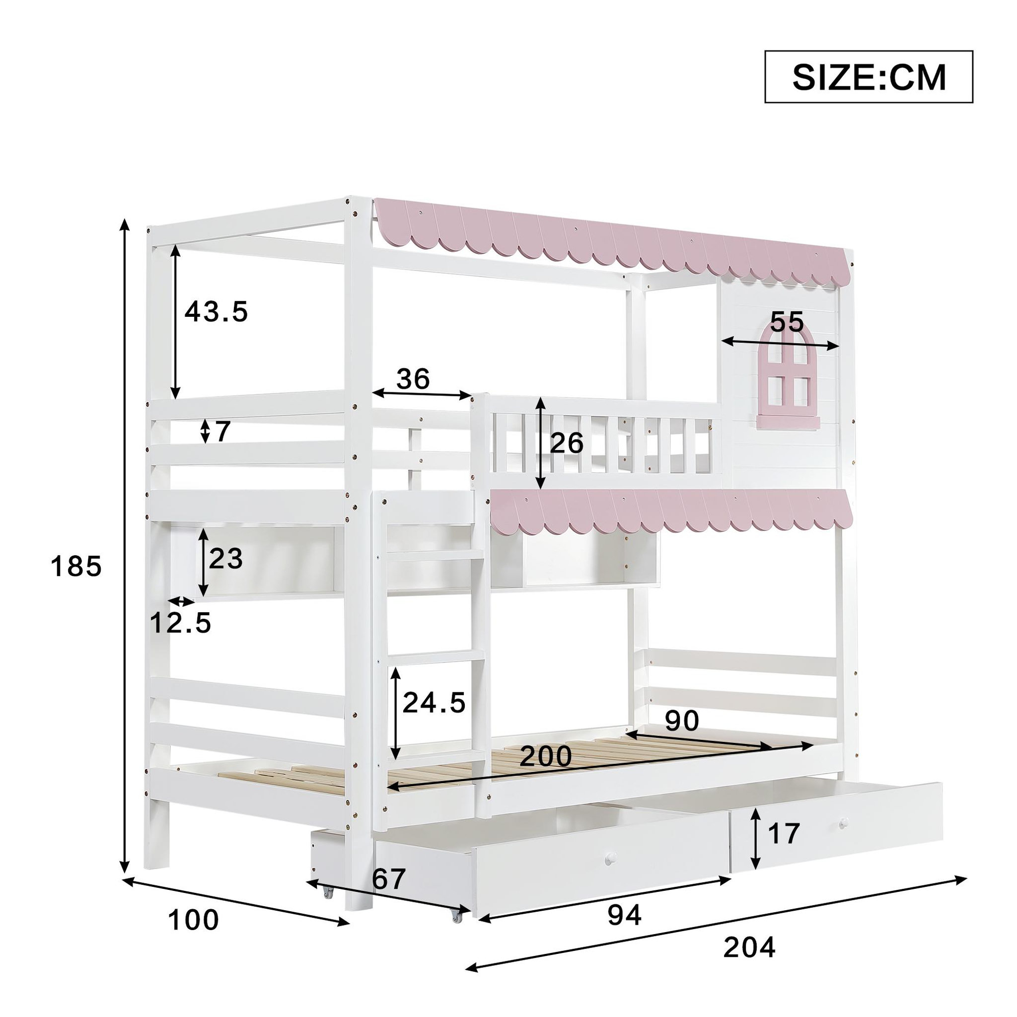 Voir la diapositive 3 : MERAX Lit superposé 90x200cm bois et mdf coloris blanc+rose