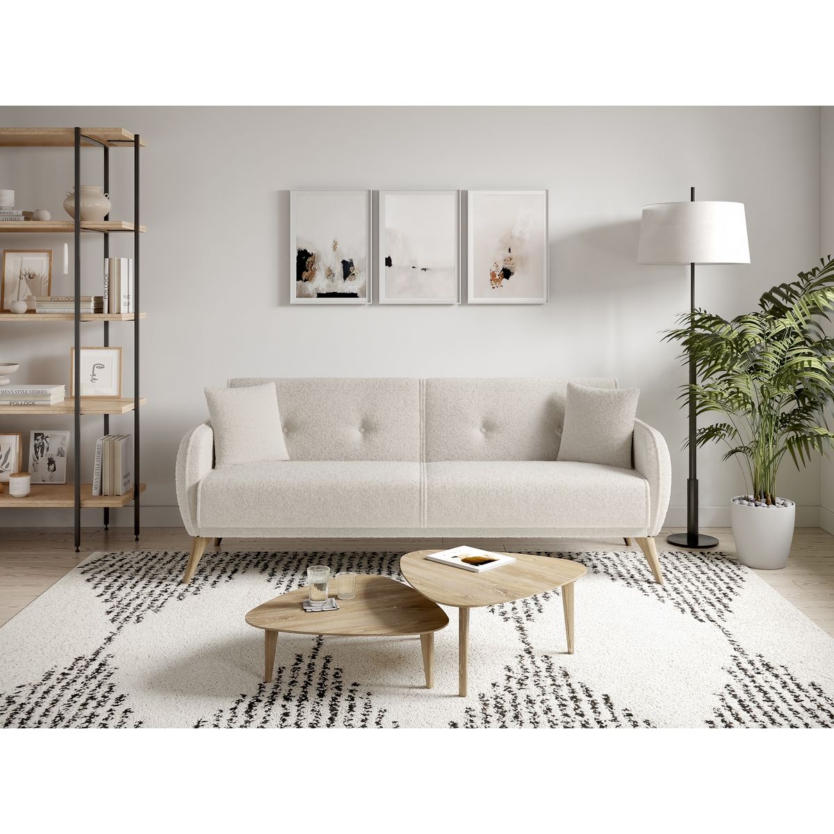 Canapé droit convertible 3 places tissu pieds bois clair BONJO