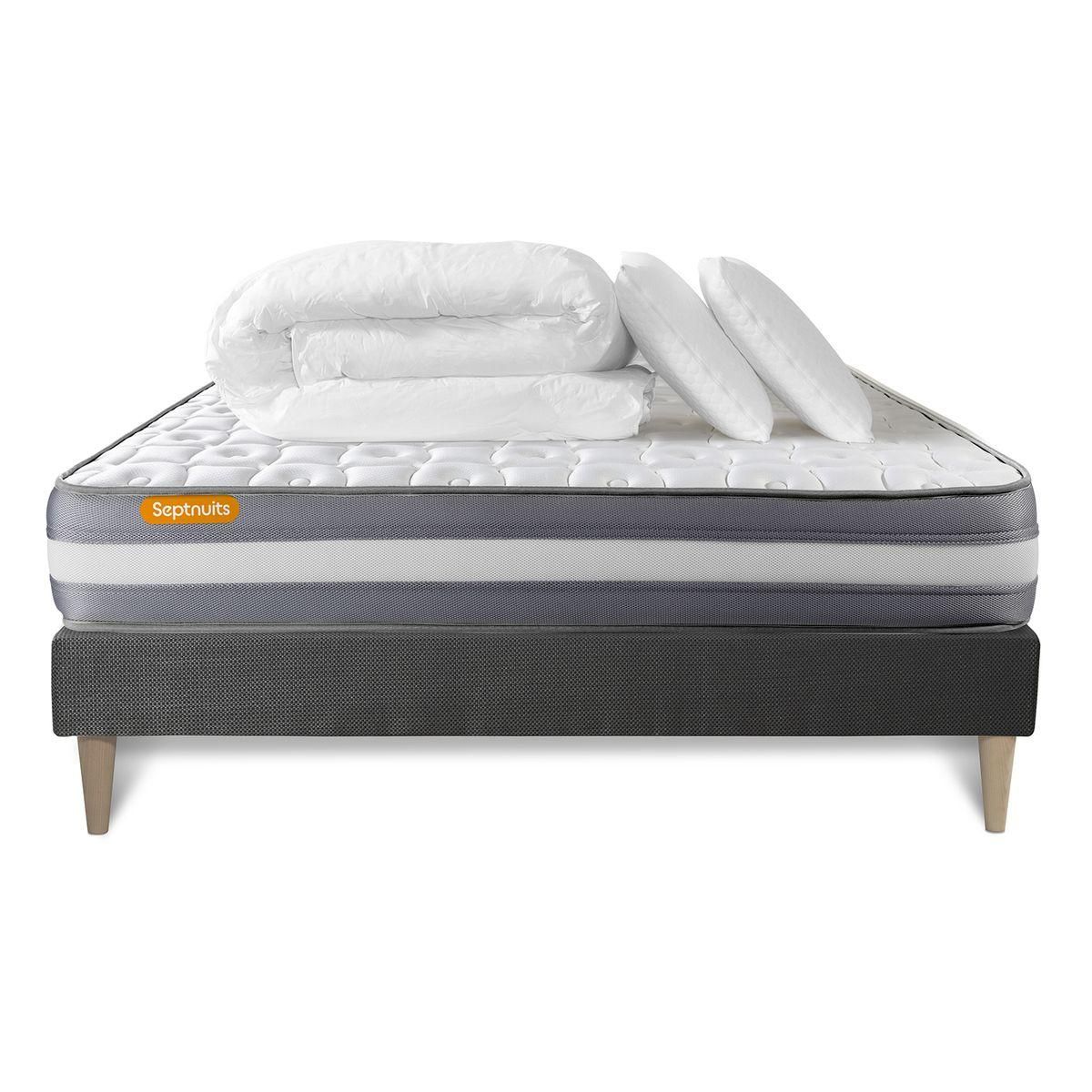 SEPTNUITS PACK matelas + sommier kit gris Memo Plus Mémoire de forme + 2 oreillers + couette