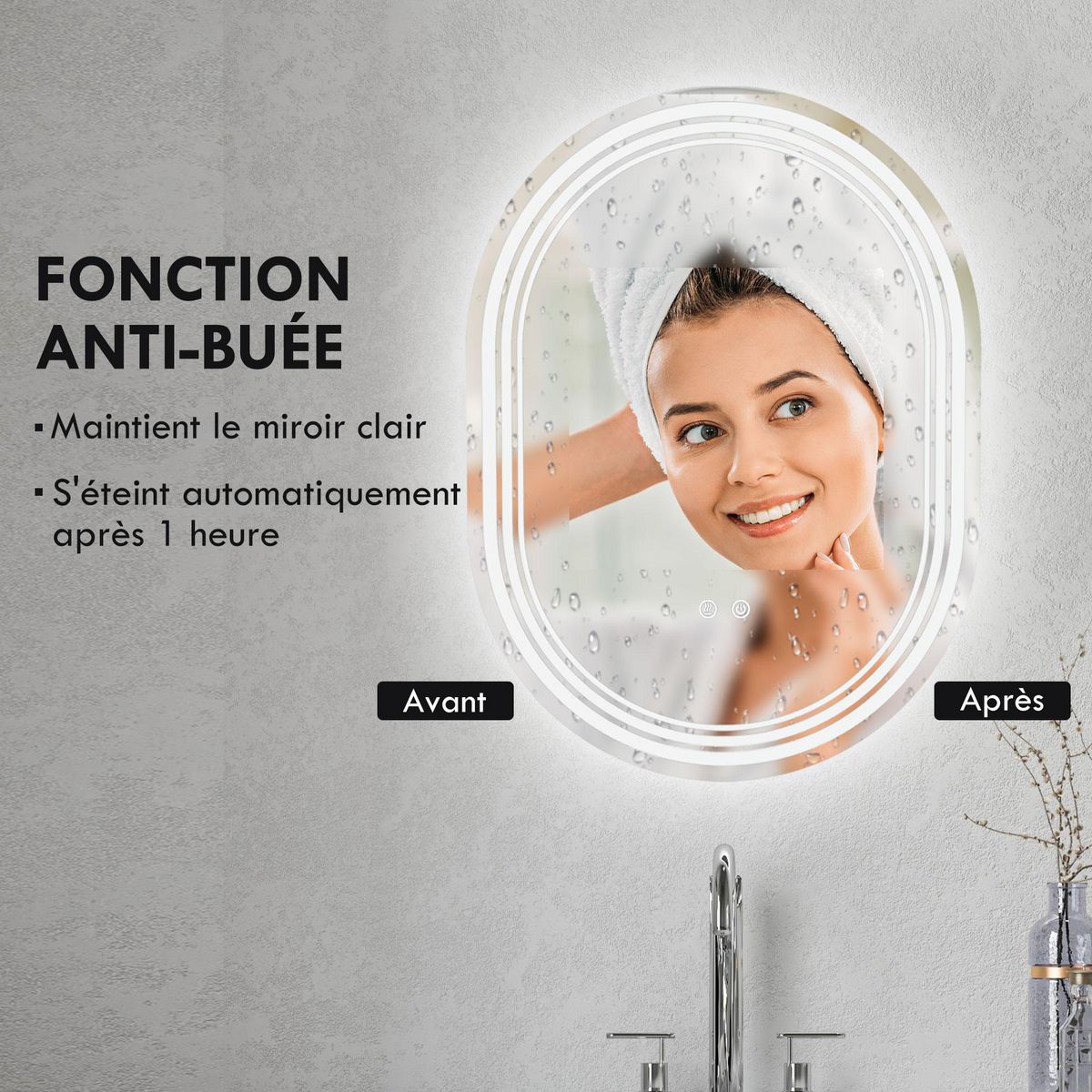 KLEANKIN Miroir LED mural de salle de bain - 50L x 70H cm - luminosité réglable 3 couleurs - interrupteur tactile - système antibué