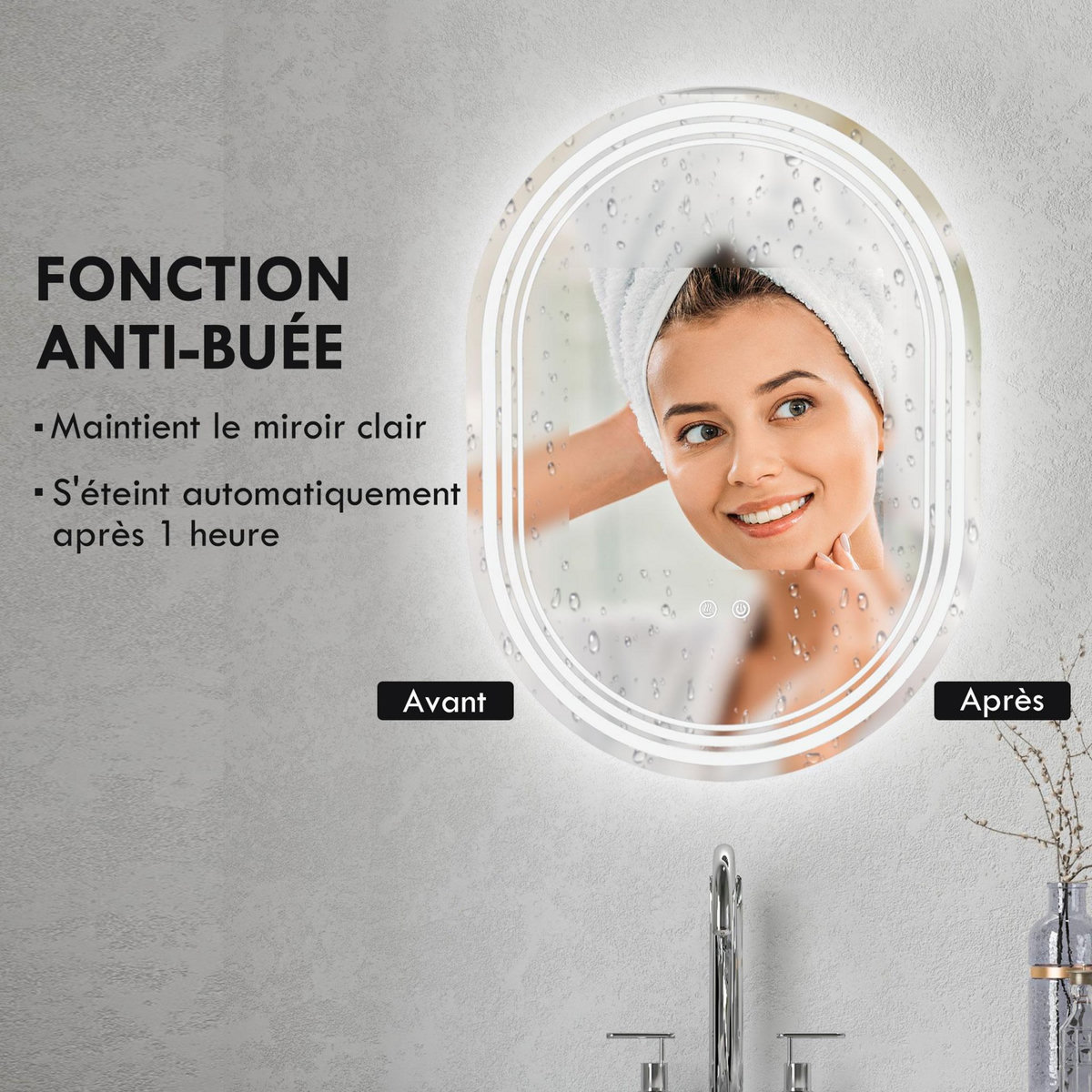 KLEANKIN Miroir LED mural de salle de bain - 50L x 70H cm - luminosité réglable 3 couleurs - interrupteur tactile - système antibué