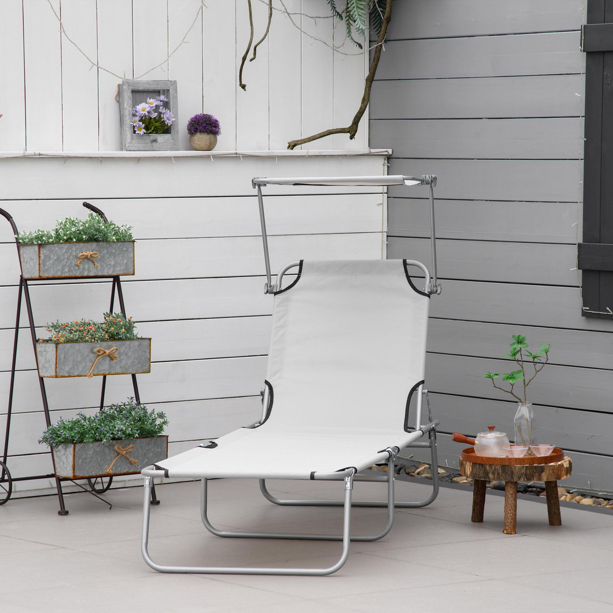 Voir la diapositive 2 : OUTSUNNY Transat bain de soleil pliable grand confort dossier et pare-soleil réglable multi-positions gris clair