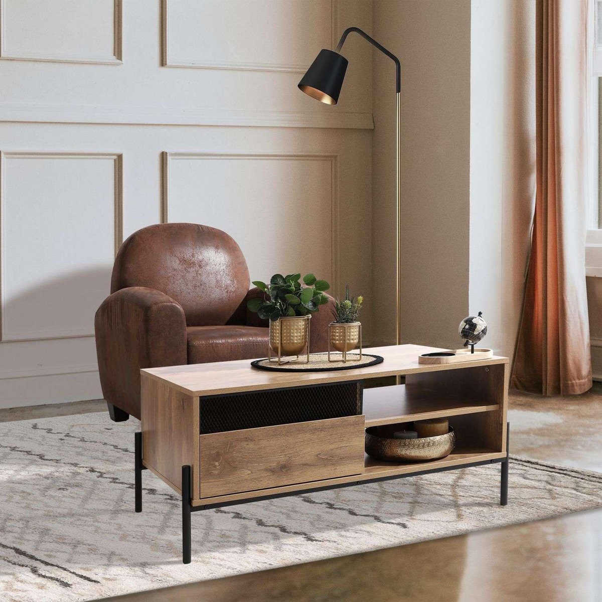 DIVERS Table basse 1 tiroir et 2 niches Helio en bois et métal - Marron et noir