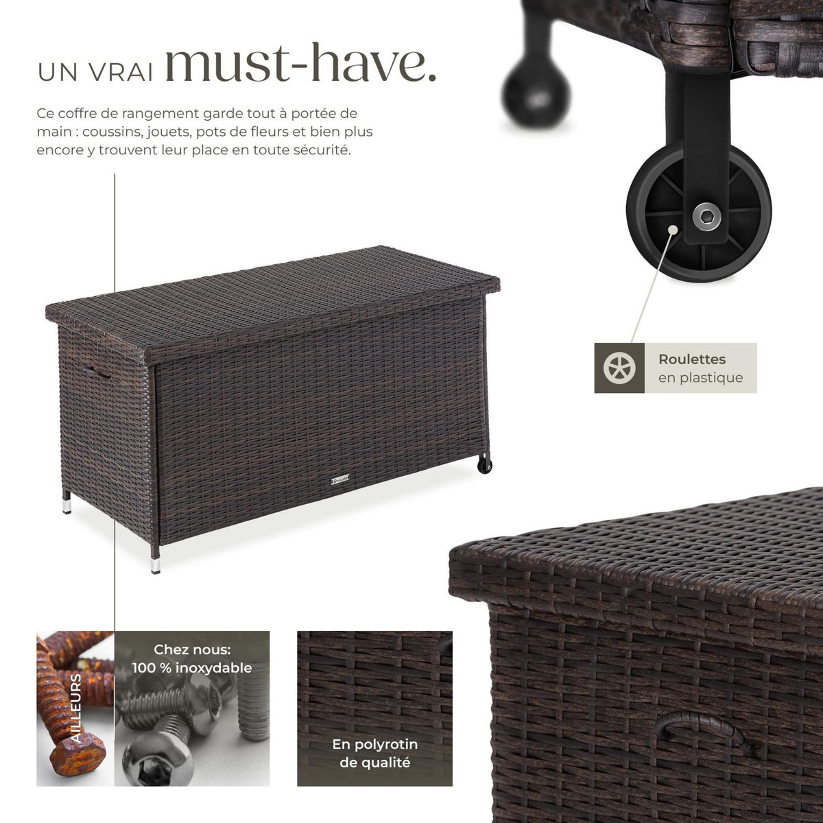 tectake Coffre de jardin pour coussins 270 l, avec tressage en rotin marron