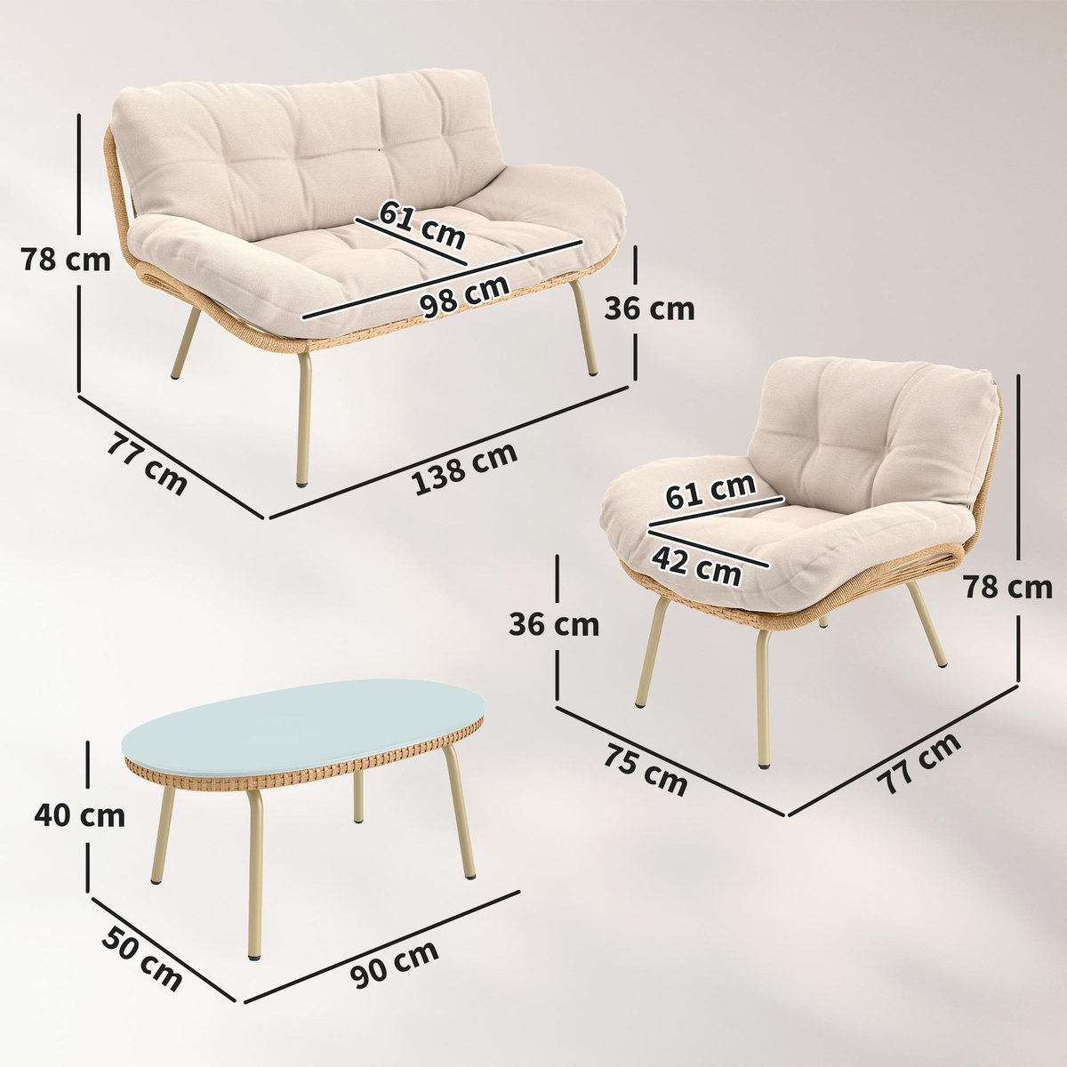 OUTSUNNY Salon de jardin design 4 places grand confort épais coussins