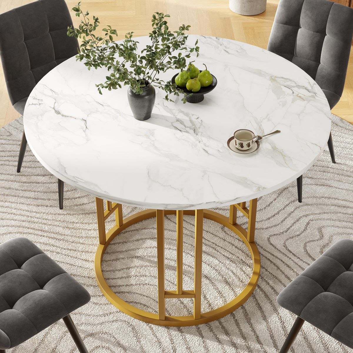 MERAX Table à manger ronde fixe blanc+doré - 80x80-80max.cm mdf