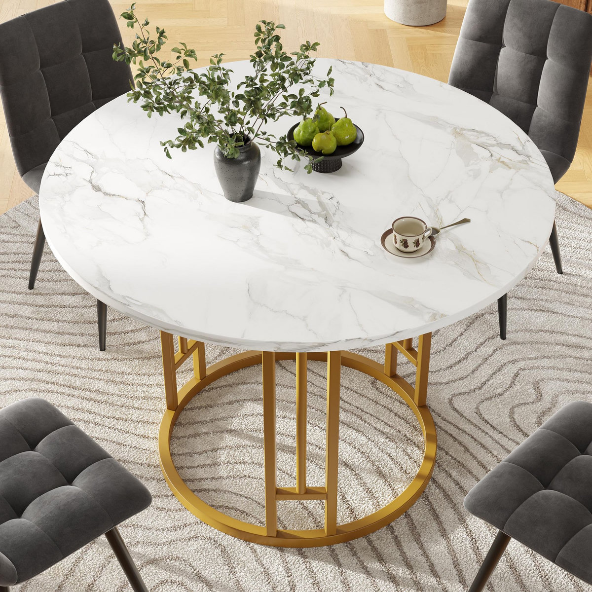 MERAX Table à manger ronde fixe blanc+doré - 80x80-80max.cm mdf