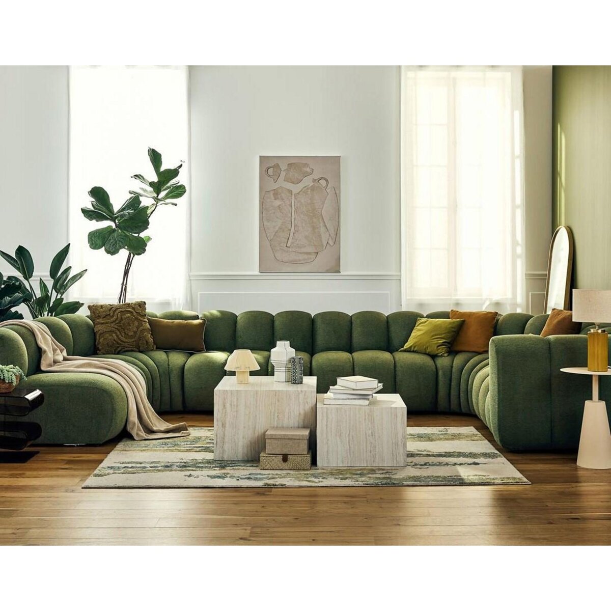 LISA DESIGN Debbie - canapé modulable panoramique d'angle gauche 7 places en tissu texturé