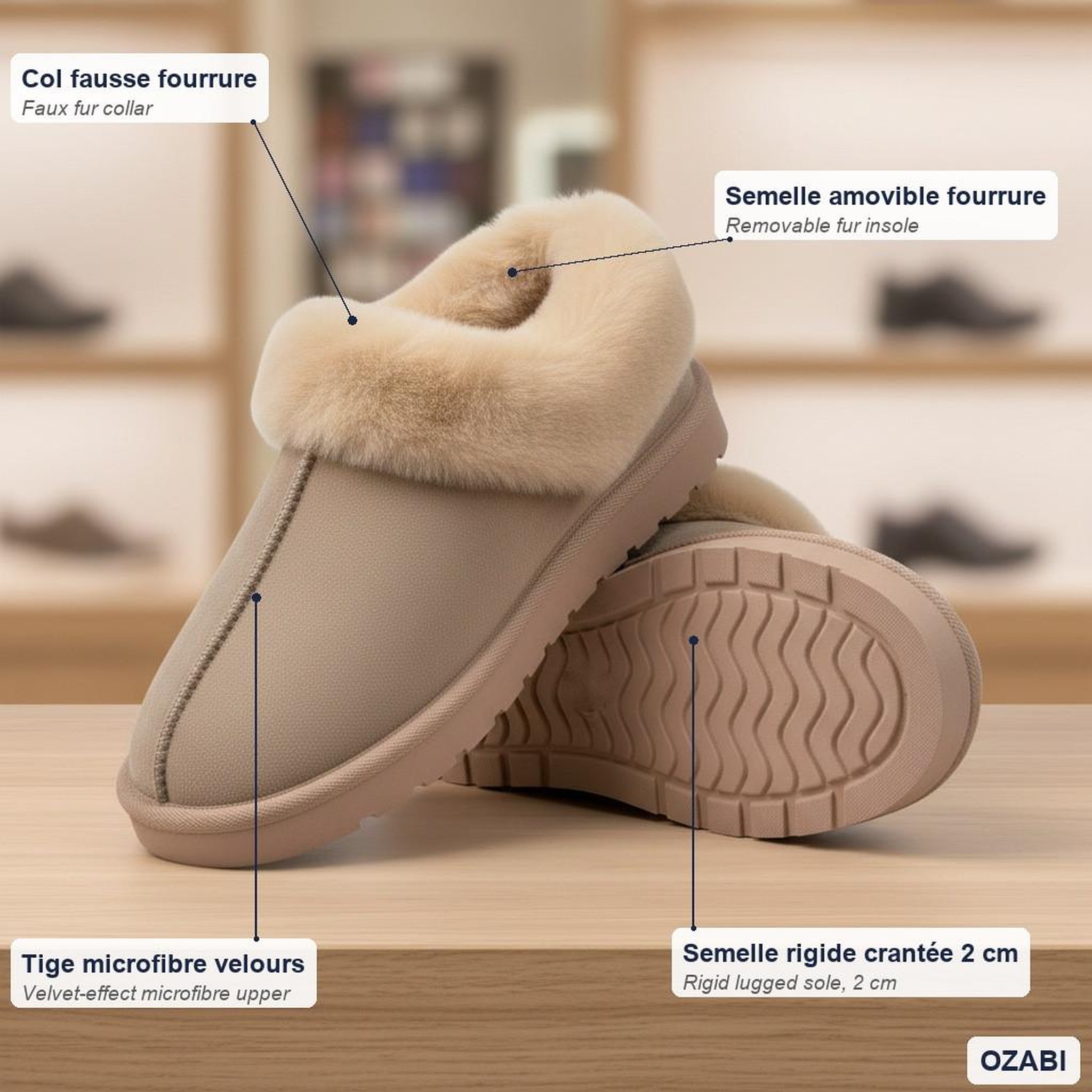 Voir la diapositive 4 : OZABI OZABI Pantoufles Femme Hiver Scandinave, Semelle Crantée Intérieur Extérieur