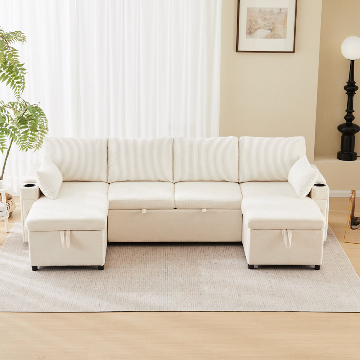 MERAX Canapé d'angle panoramique convertible 4 places tissu coffre de rangement