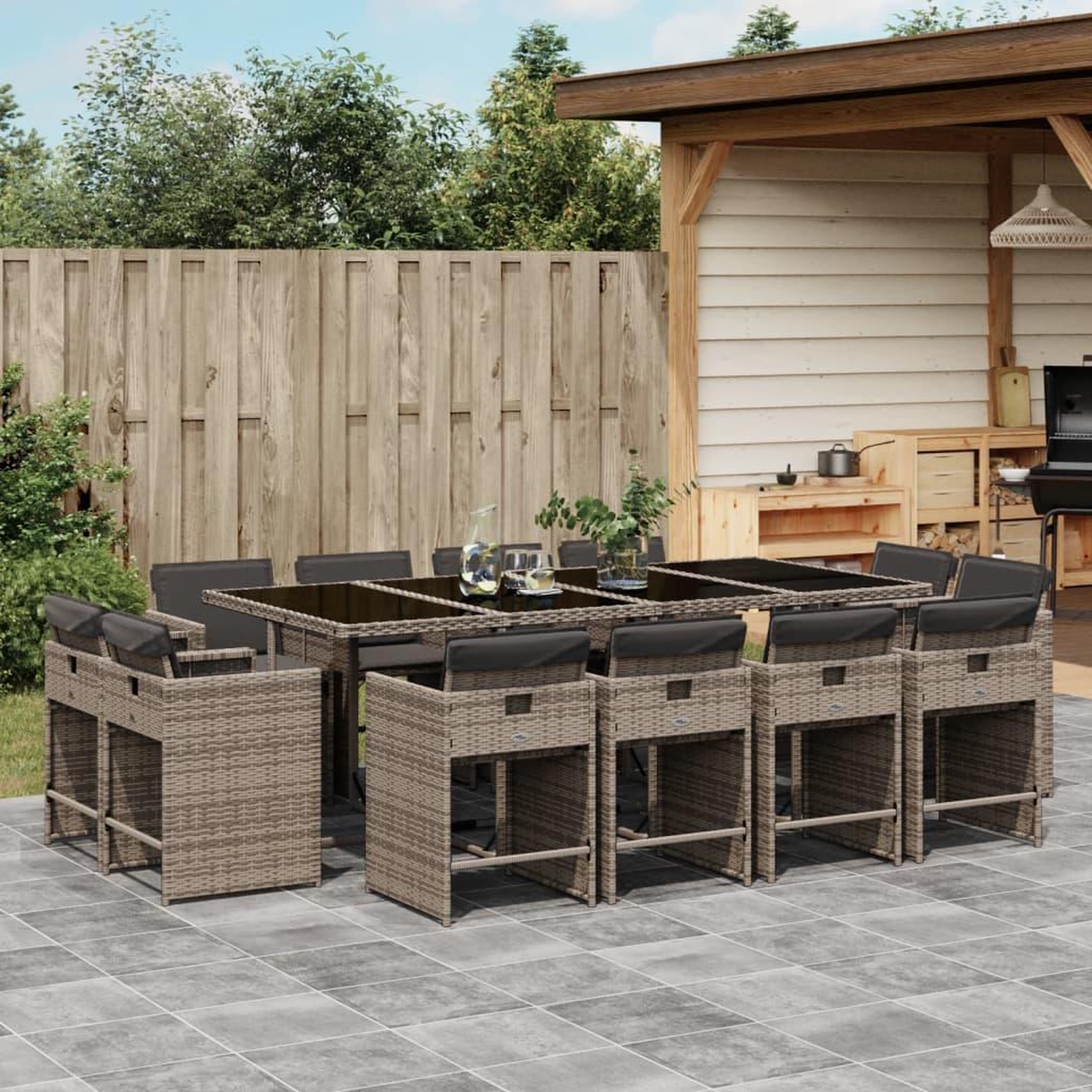 VIDAXL Ensemble a manger de jardin coussins 13 pcs gris resine tressee