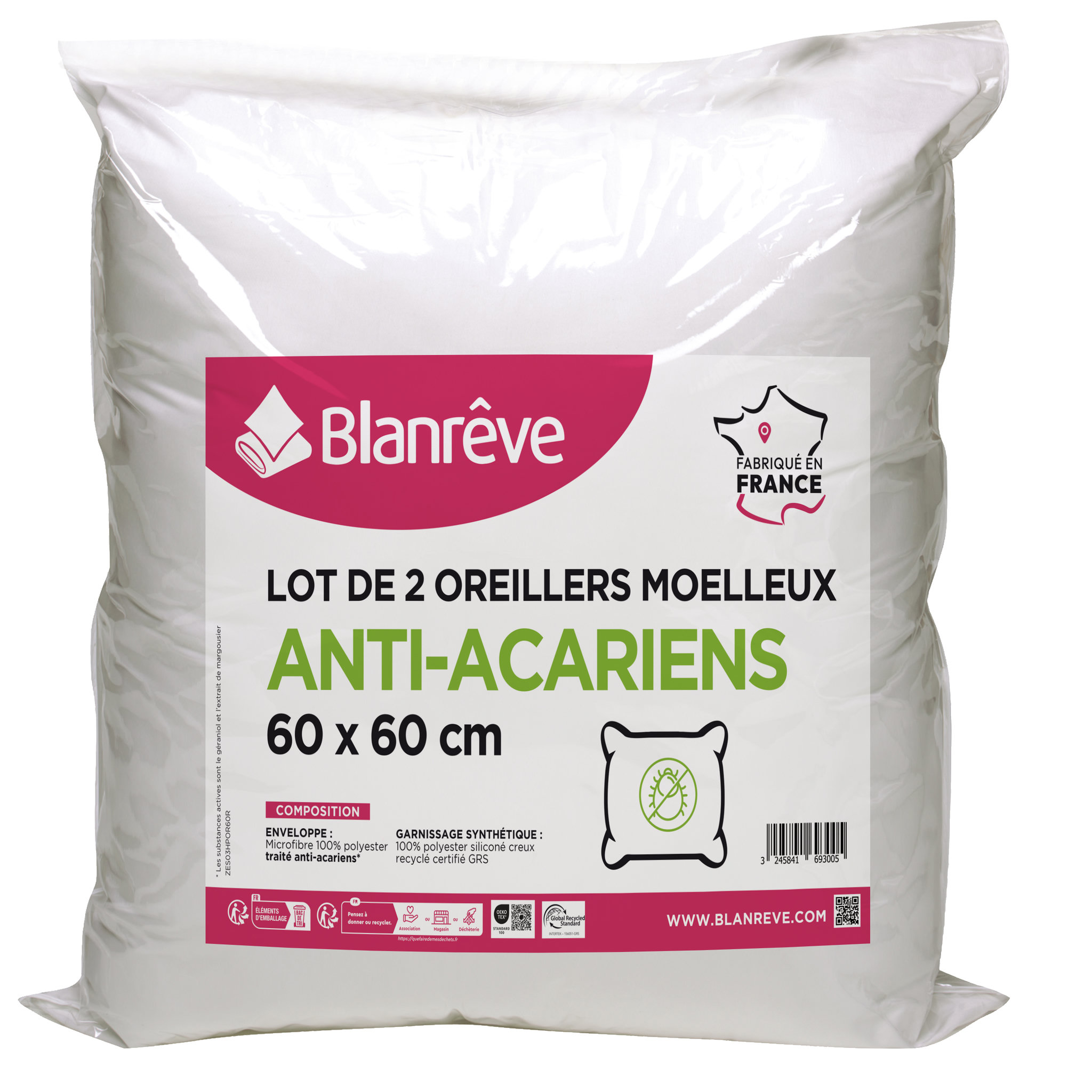 BLANREVE Lot de 2 oreillers confort moelleux en microfibre anti acariens CÂLINE