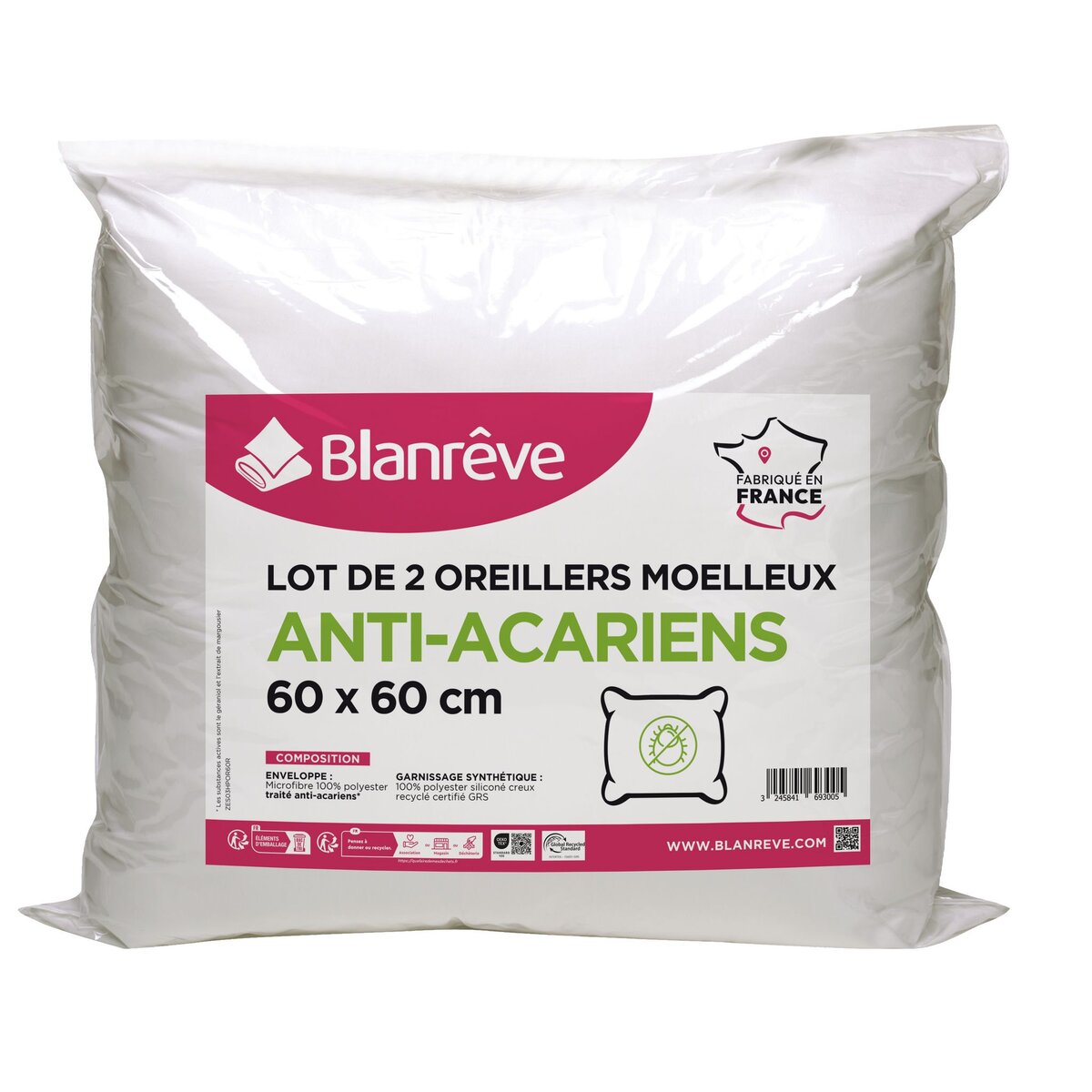 BLANREVE Lot de 2 oreillers confort moelleux en microfibre anti acariens CÂLINE