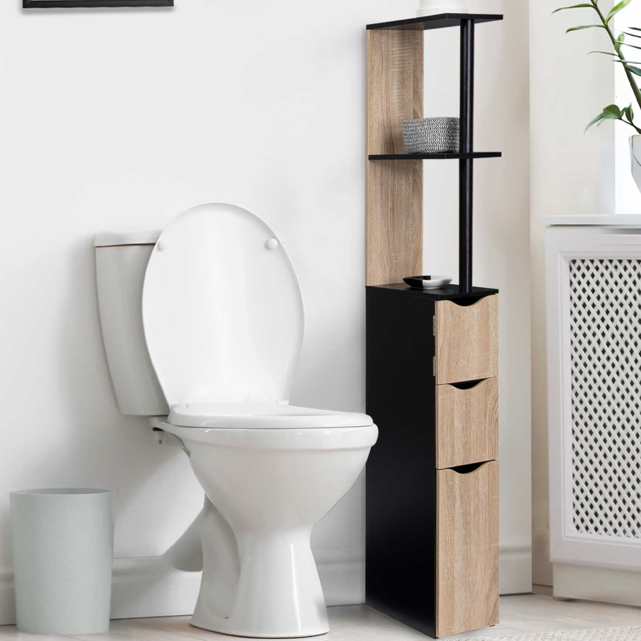Voir la diapositive 2 : ID MARKET Meuble wc étagère willy bois 3 portes noir et hêtre