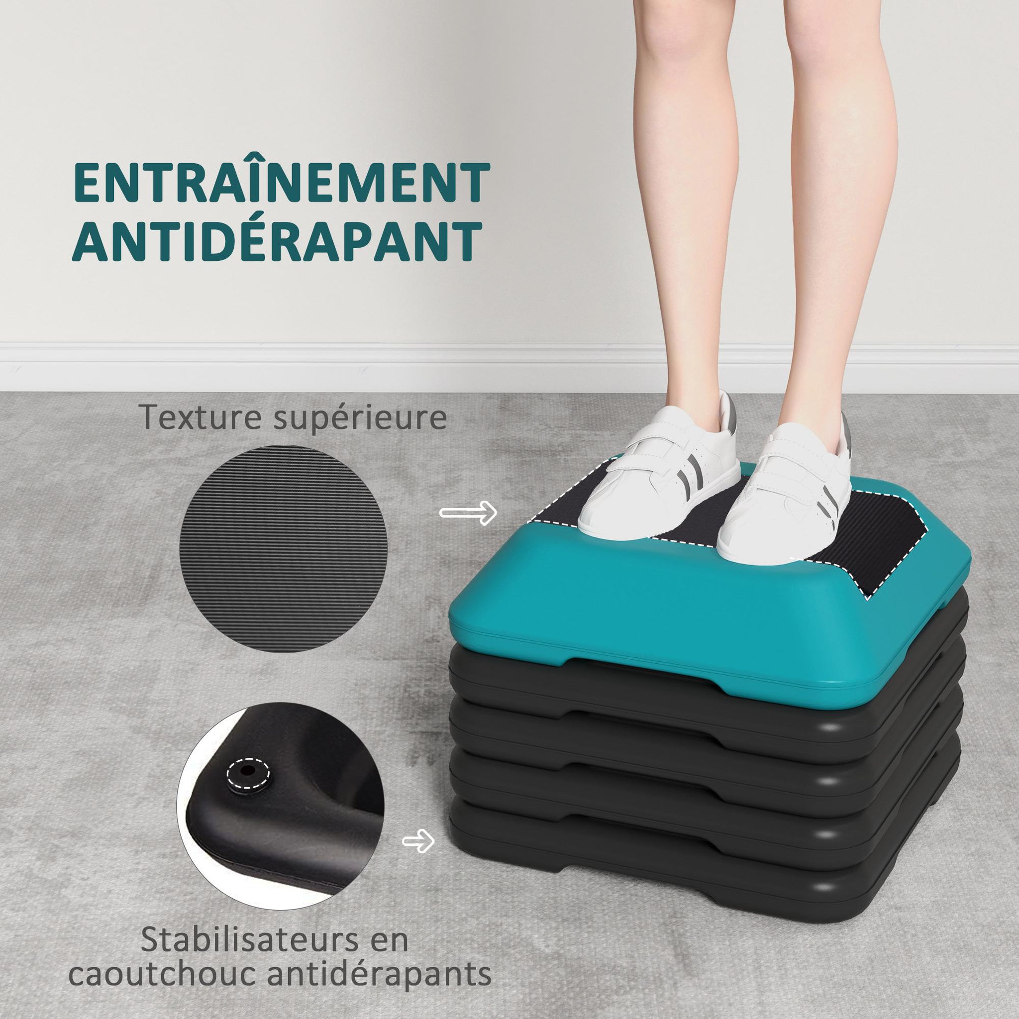 Voir la diapositive 5 : HOMCOM Stepper aerobic fitness réglable 5 niveaux h.10/15/20/25/30 cm max. 150 kg turquoise noir