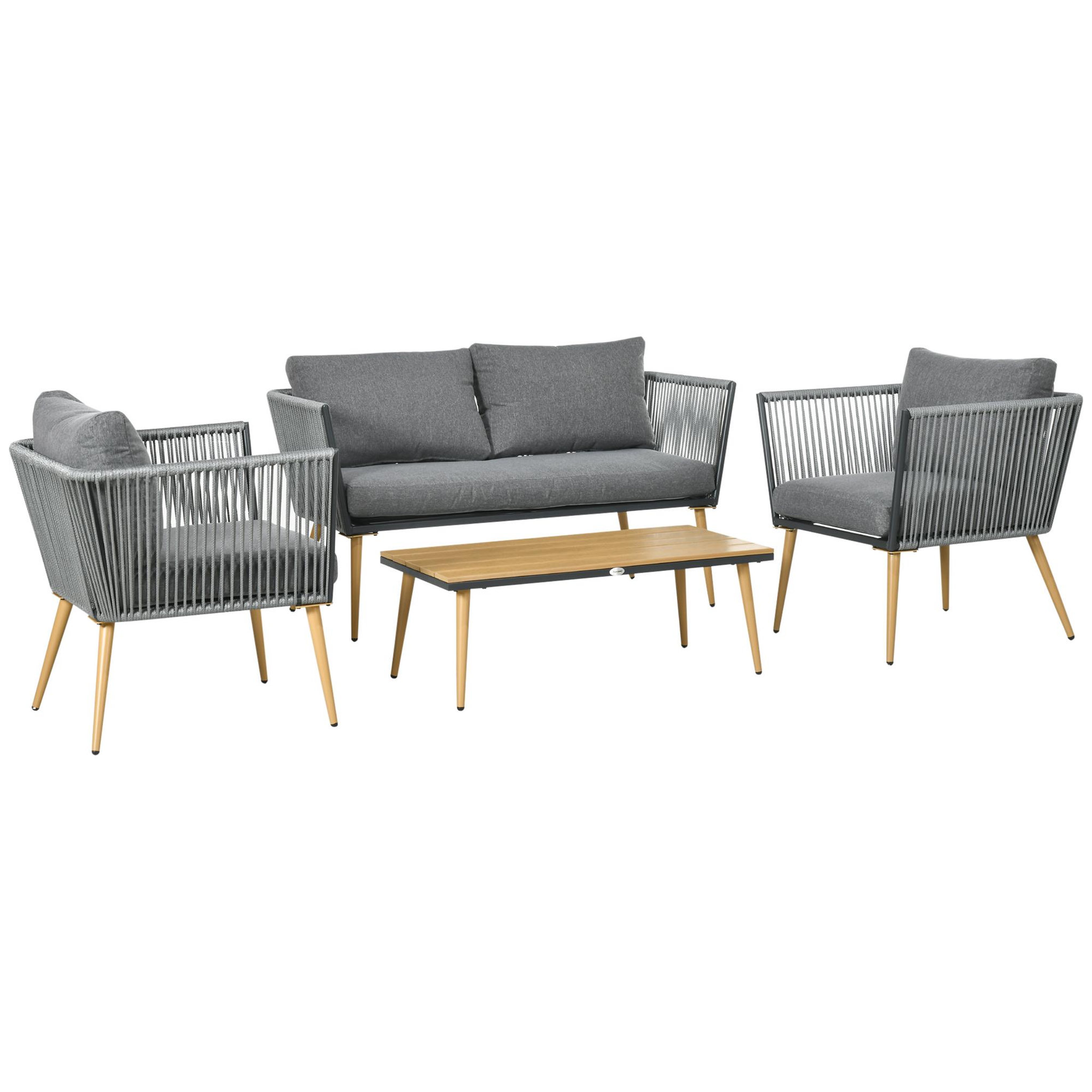 Voir la diapositive 1 : OUTSUNNY Salon de jardin 4 places 4 pièces design scandinave acier époxy résine filaire pe coussins inclus gris