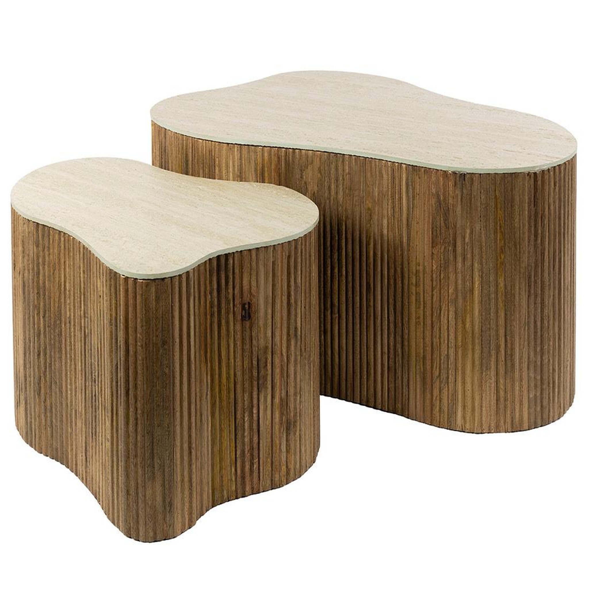 Voir la diapositive 1 : BEST MOBILIER Jade - lot de 2 tables basses gigognes effet travertin - pieds en bois massif de manguier - 90 et 61 cm