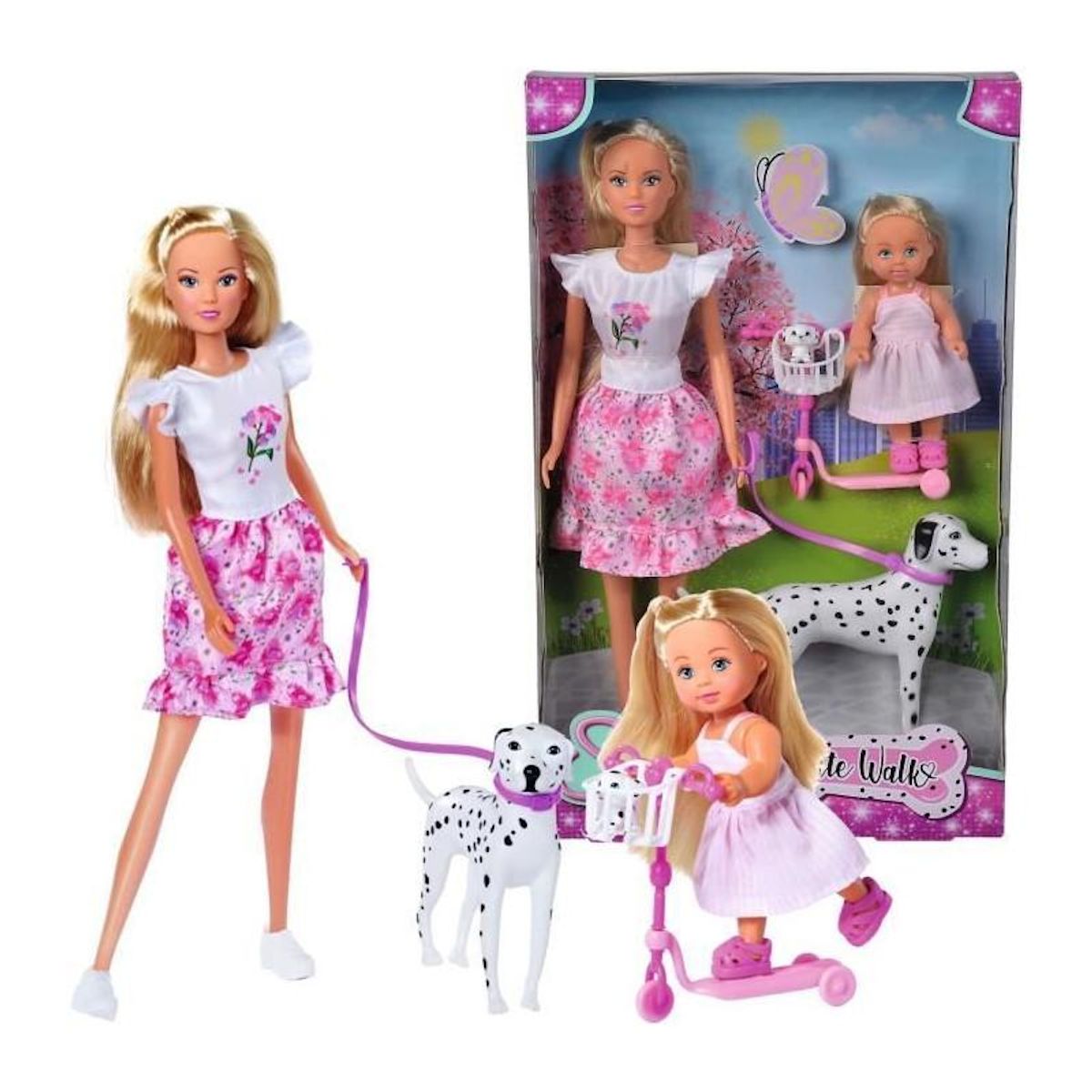 STEFFI LOVE Steffi Love poupée dalmatien + Evi Love - 2 poupées 29 et 12 cm - 2 Figurines Dalmatien - Trotinette Evi - Des 3 ans