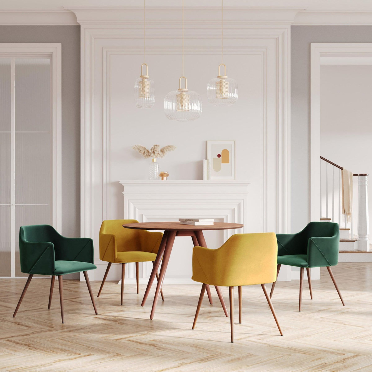 Rendez vous déco Pack 4 chaises en velours jaune et vert-Daisy