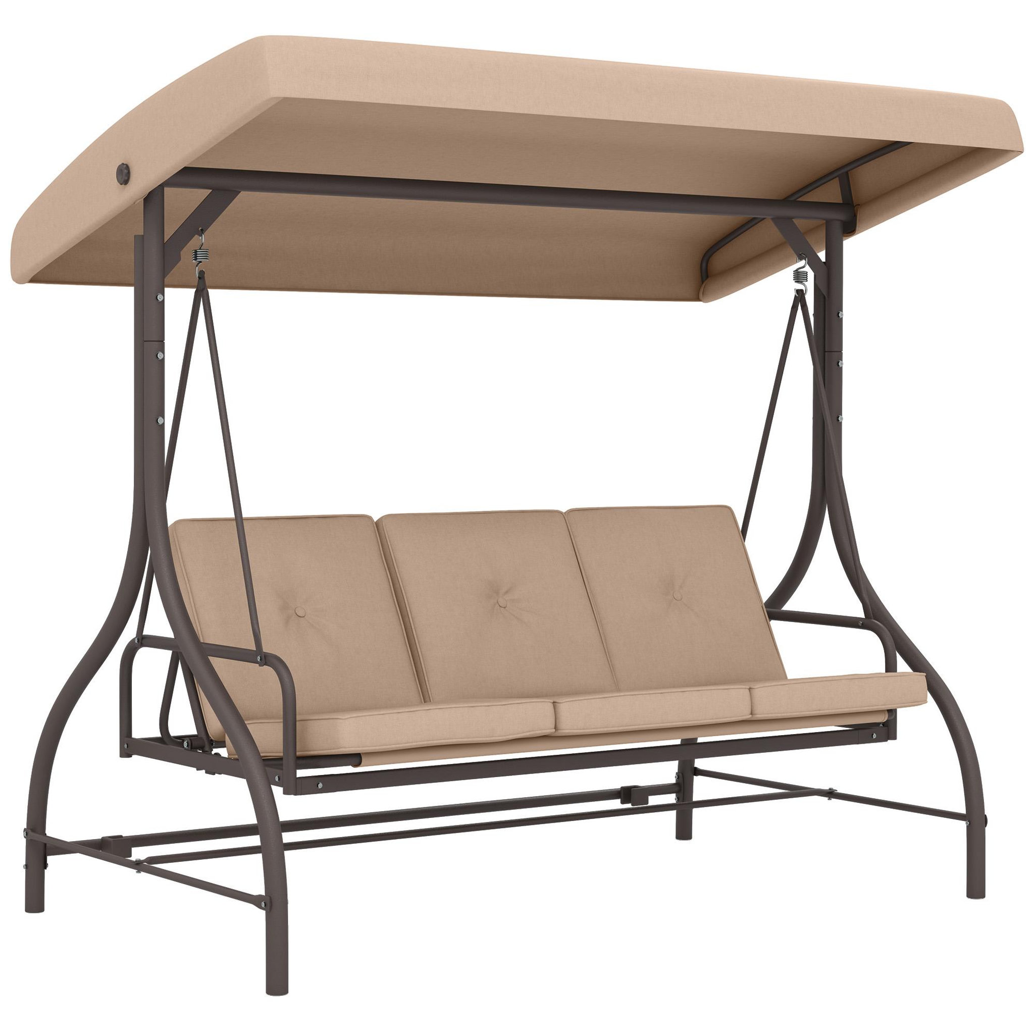 Voir la diapositive 1 : OUTSUNNY Balancelle de jardin convertible 3 places avec coussins métal polyester kaki
