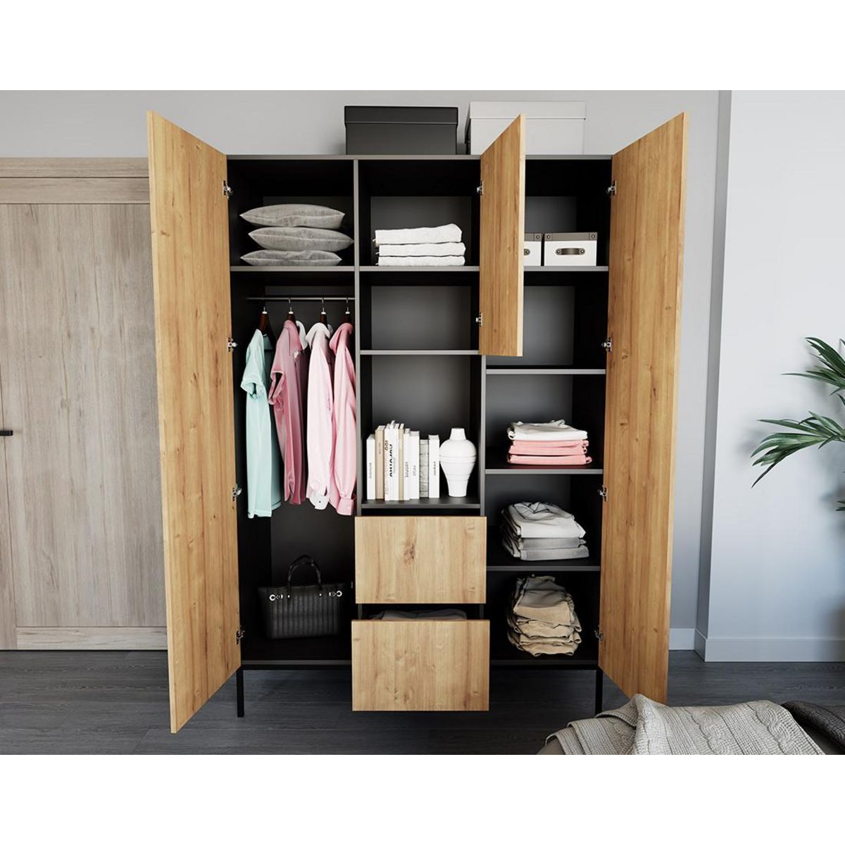 BEST MOBILIER Felicia - armoire - effet bois et noir - 135x200 cm