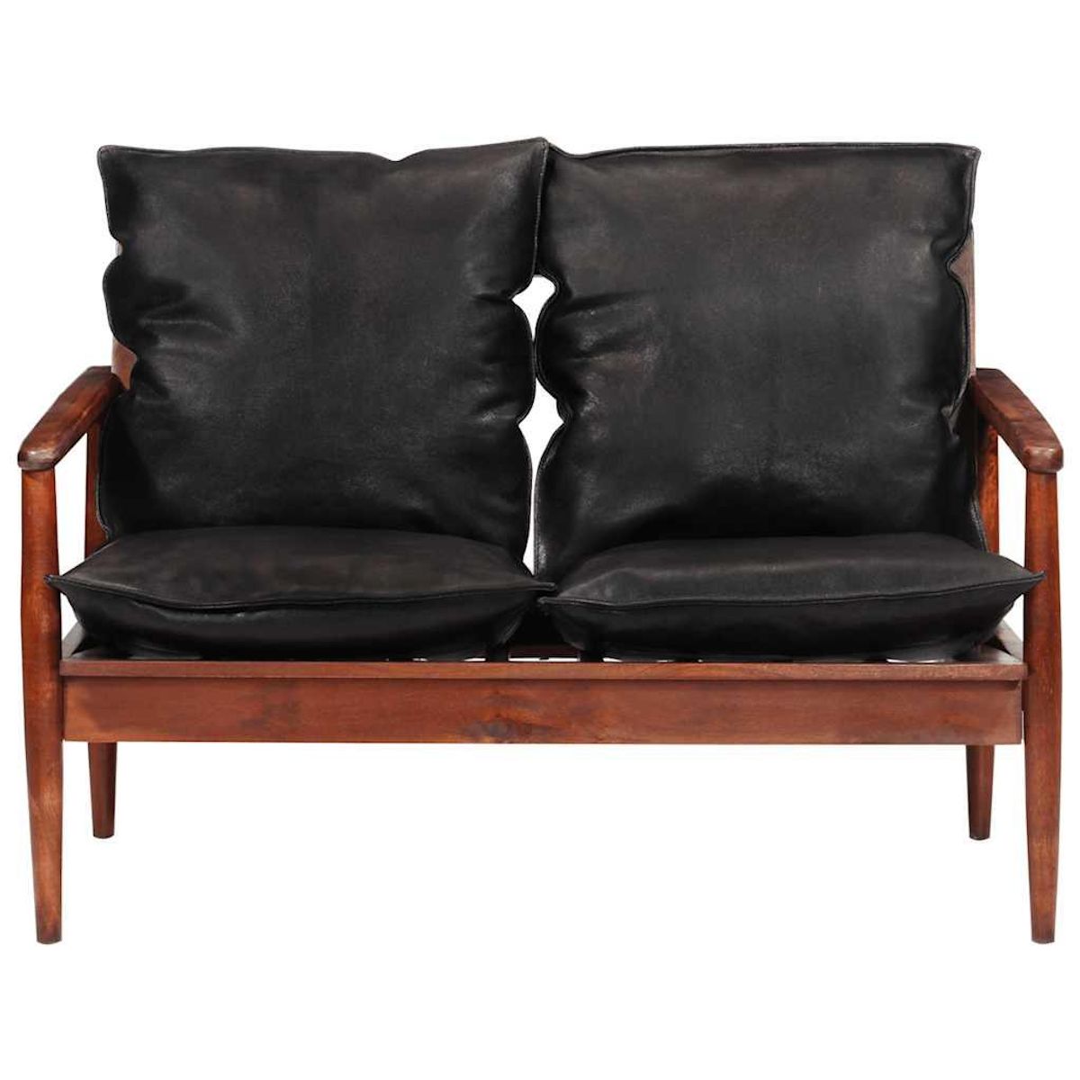 VIDAXL Canape 2 places noir cuir veritable et bois d'acacia solide